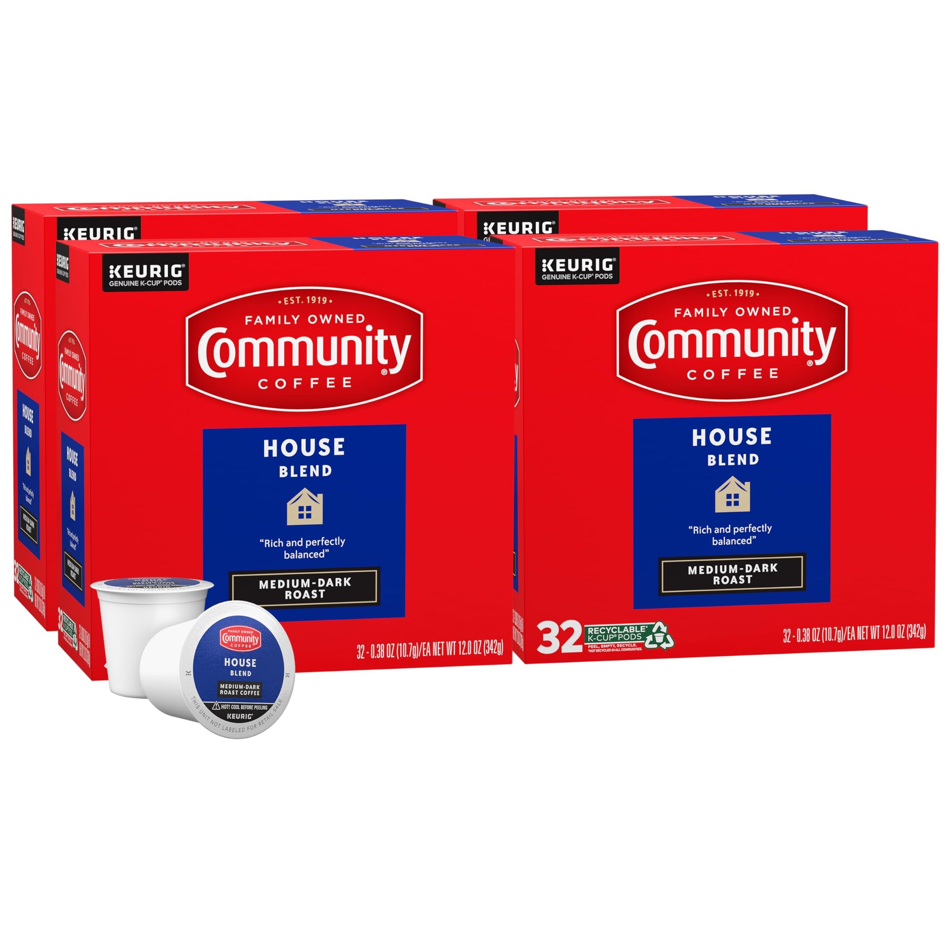 Community Coffee House Blend K-Cup Pods, Medium-Dark Roast, 32 Count (Pack of 4)