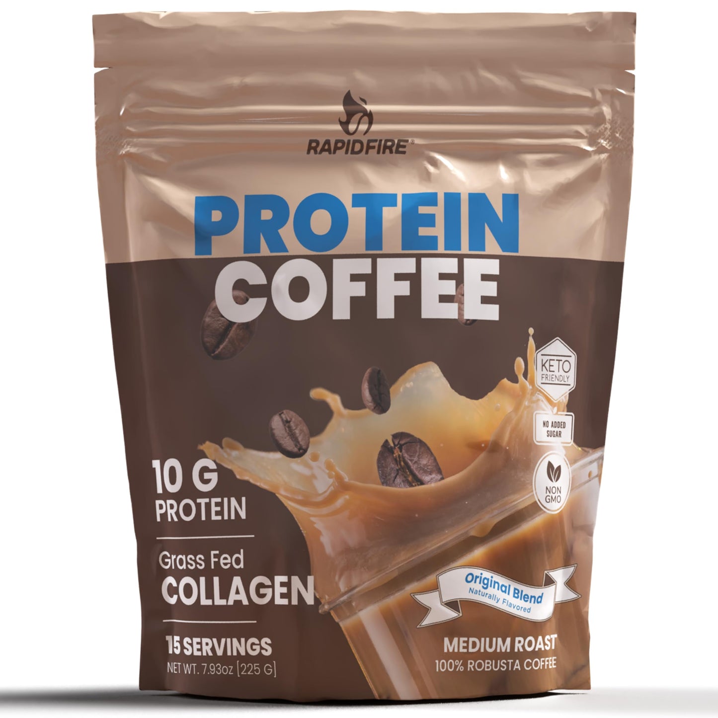 Rapid Fire Protein Coffee with Collagen, 10g Protein, Medium Roast, 7.93 oz, Keto Friendly, 15 Servings