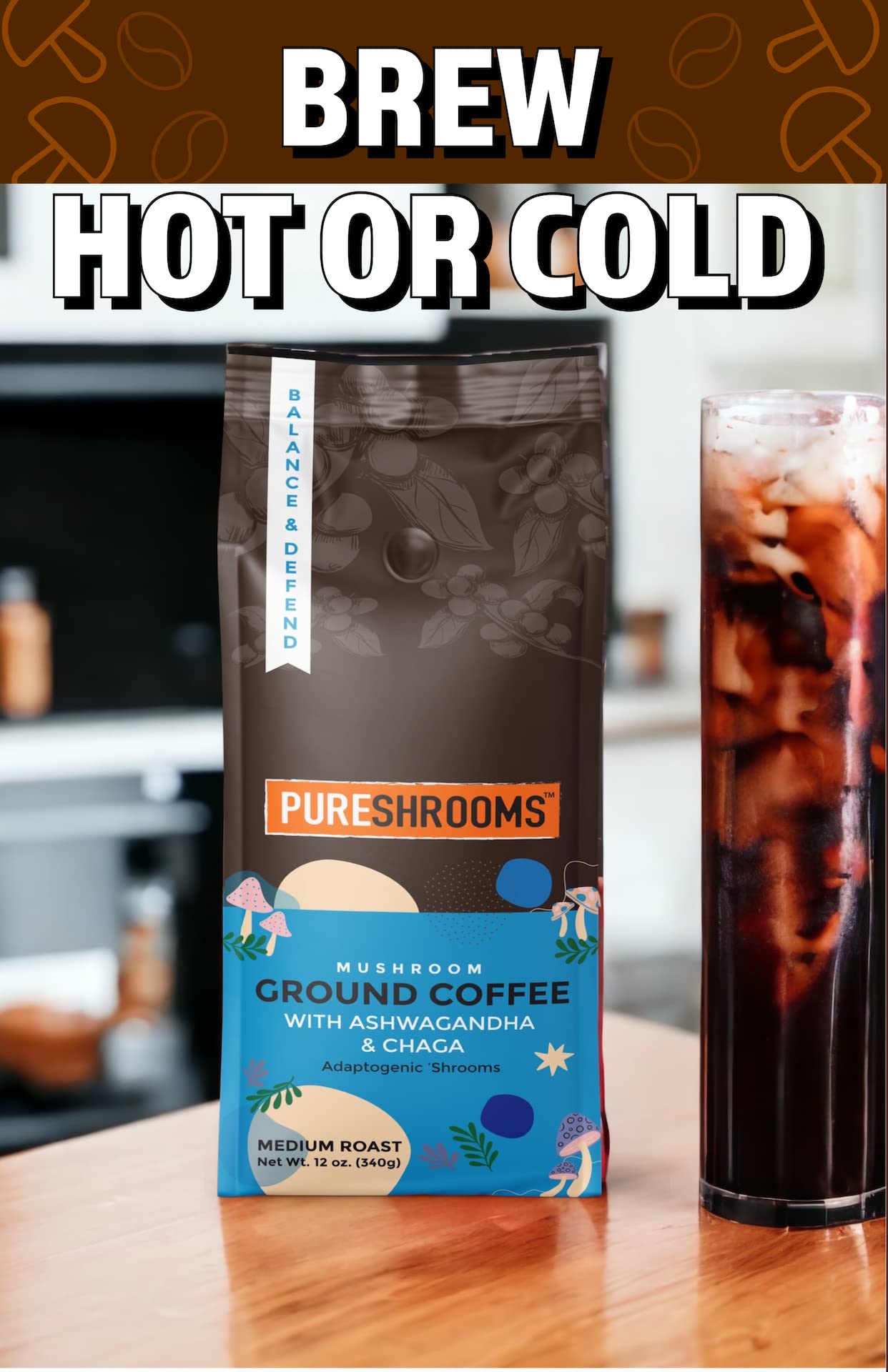 Fresh Mushroom Ground Coffee - Organic Ashwagandha & Chaga - Stress Relief, Mood Enhancer - Herbal Coffee Substitute Alternative