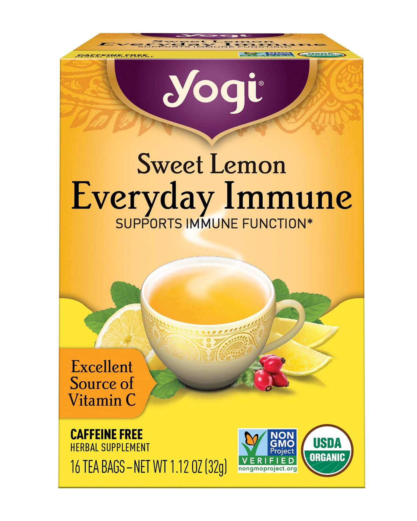 YOGI TEA Organic Sweet Lemon Immune Tea, 16 Count, Herbal Blend, Caffeine-Free