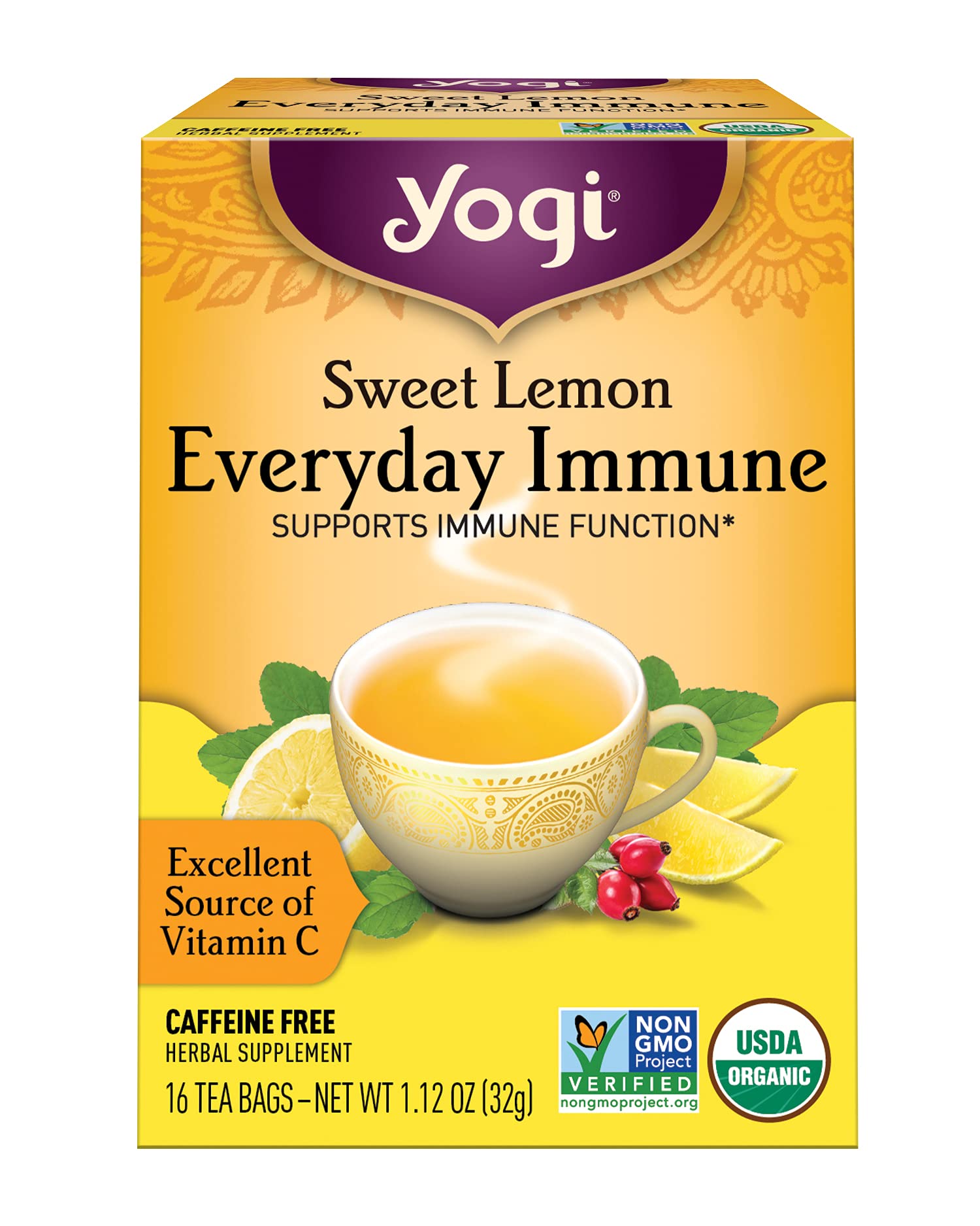 YOGI TEA Organic Sweet Lemon Immune Tea, 16 Count, Herbal Blend, Caffeine-Free