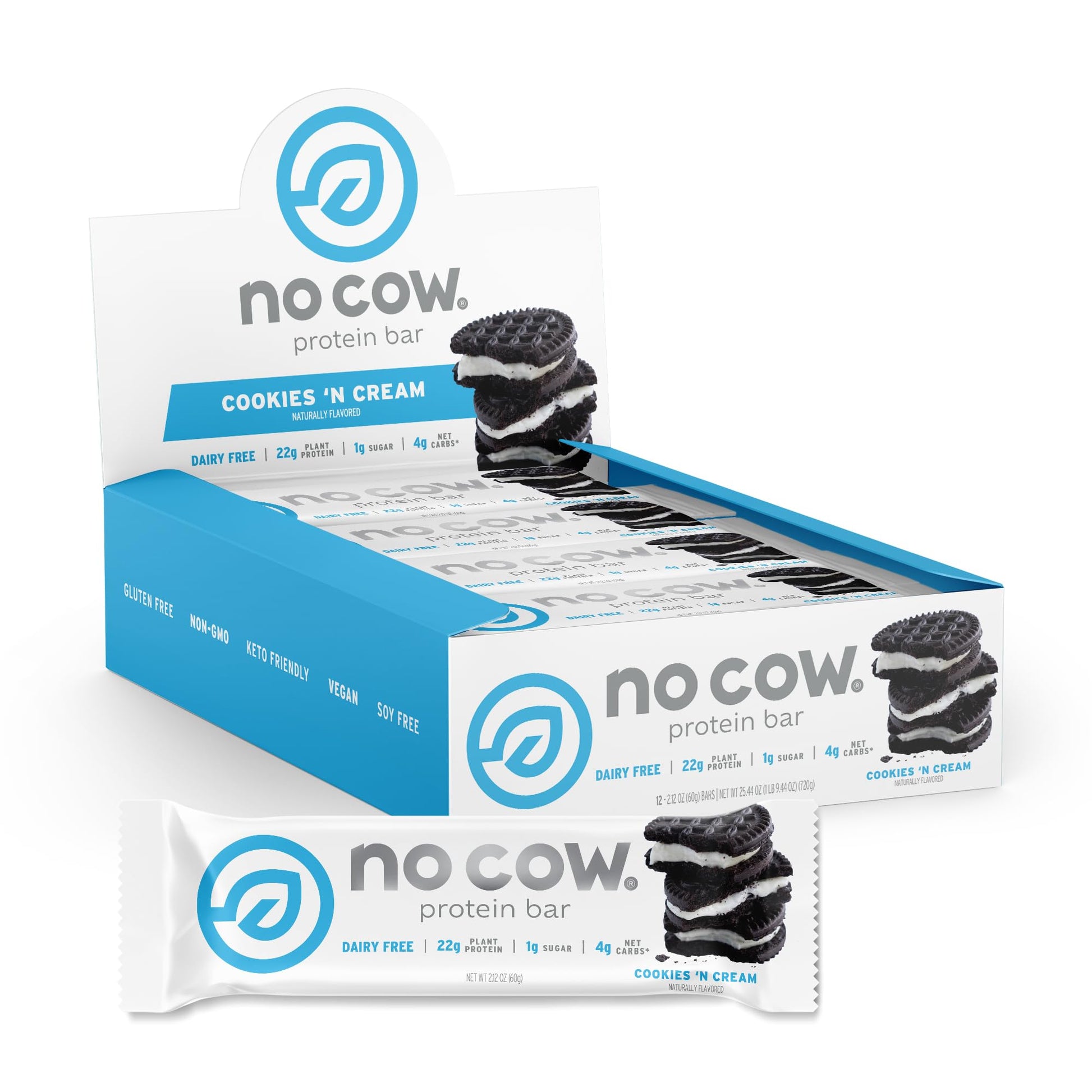No Cow High Protein Bars, Cookies 'N Cream - Healthy Snacks, 20G Vegan Protein, High Fiber, Low Sugar, Keto Friendly, Dairy & Gl