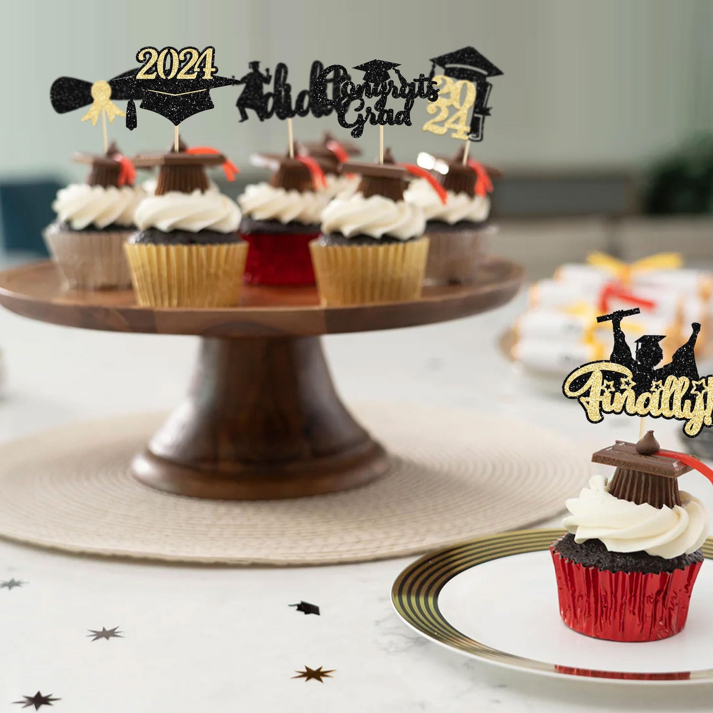 Gyufise 24Pcs Black Gold Glitter 2024 Graduation Theme Cupcake Toppers Glitter Class Of 2024 Diploma Finally I Did It Congrats G