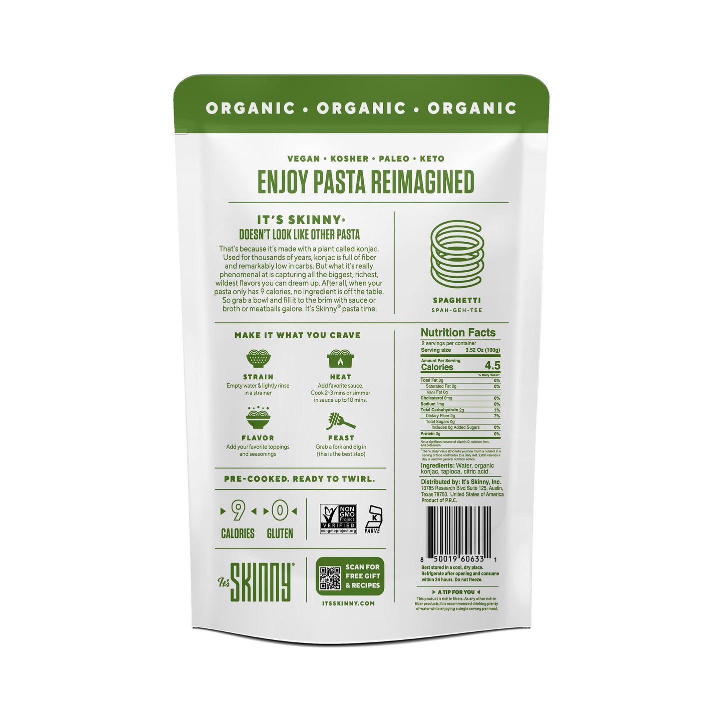 Its Skinny Spaghetti Pasta- Organic, Non-GMO USDA Certified, Low Carb Pasta, Gluten Free, Keto & Vegan-Friendly, Shirataki Konj