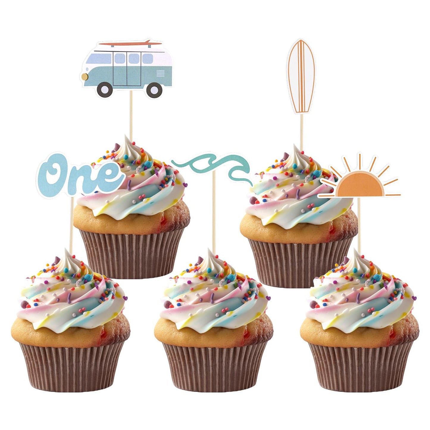 PEUTIER 25pcs Wave Surf Cake Topper, 5 Styles, Paper, Blue/White/Yellow, Model 13104, First Birthday Party Decoration