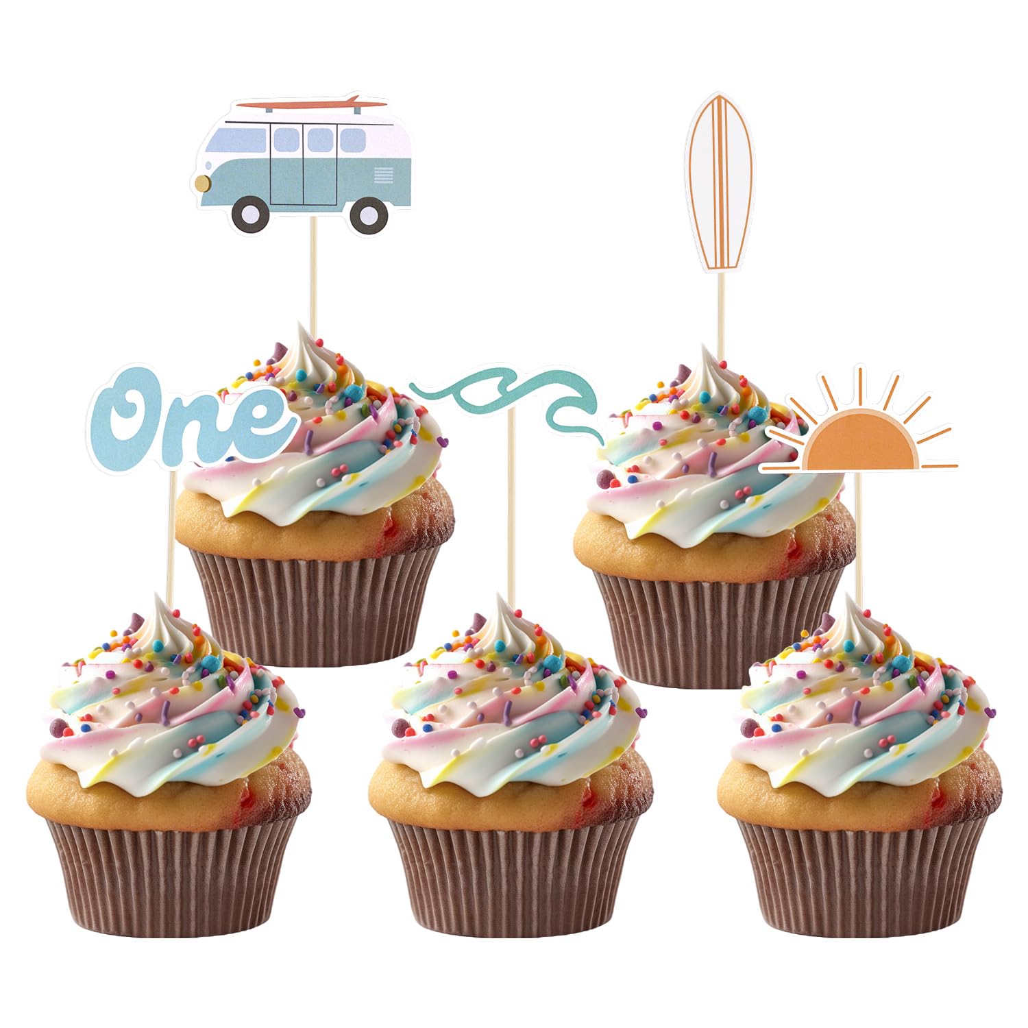 PEUTIER 25pcs Wave Surf Cake Topper, 5 Styles, Paper, Blue/White/Yellow, Model 13104, First Birthday Party Decoration