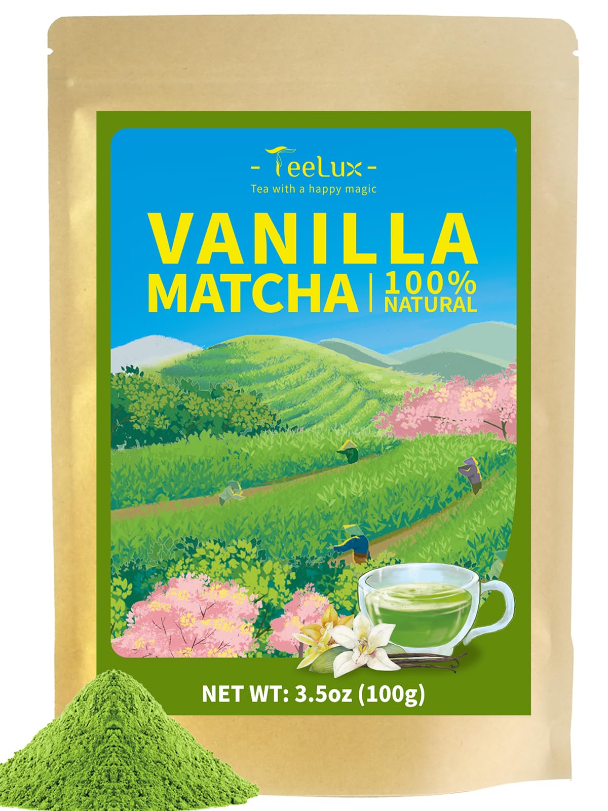 TeeLux Vanilla Matcha Green Tea Powder, First Harvest Premium Matcha + Delicate Vanilla Powder, Flavorful & Aromatic, Hot or Ice