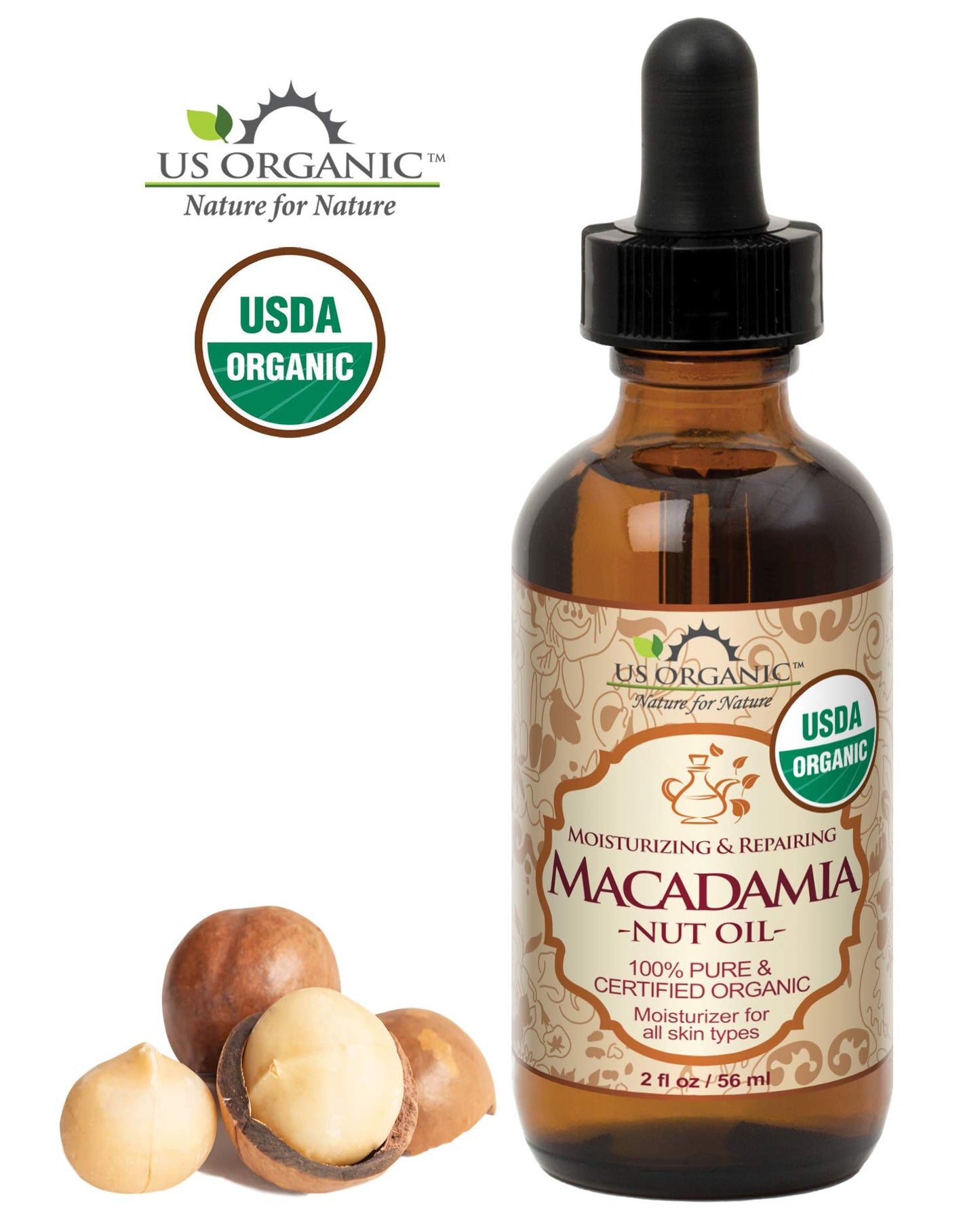 US Organic Macadamia Nut Oil, Unrefined Virgin, Cold Pressed, 2 Fl Oz, Golden Yellow, Amber Glass Bottle with Dropper