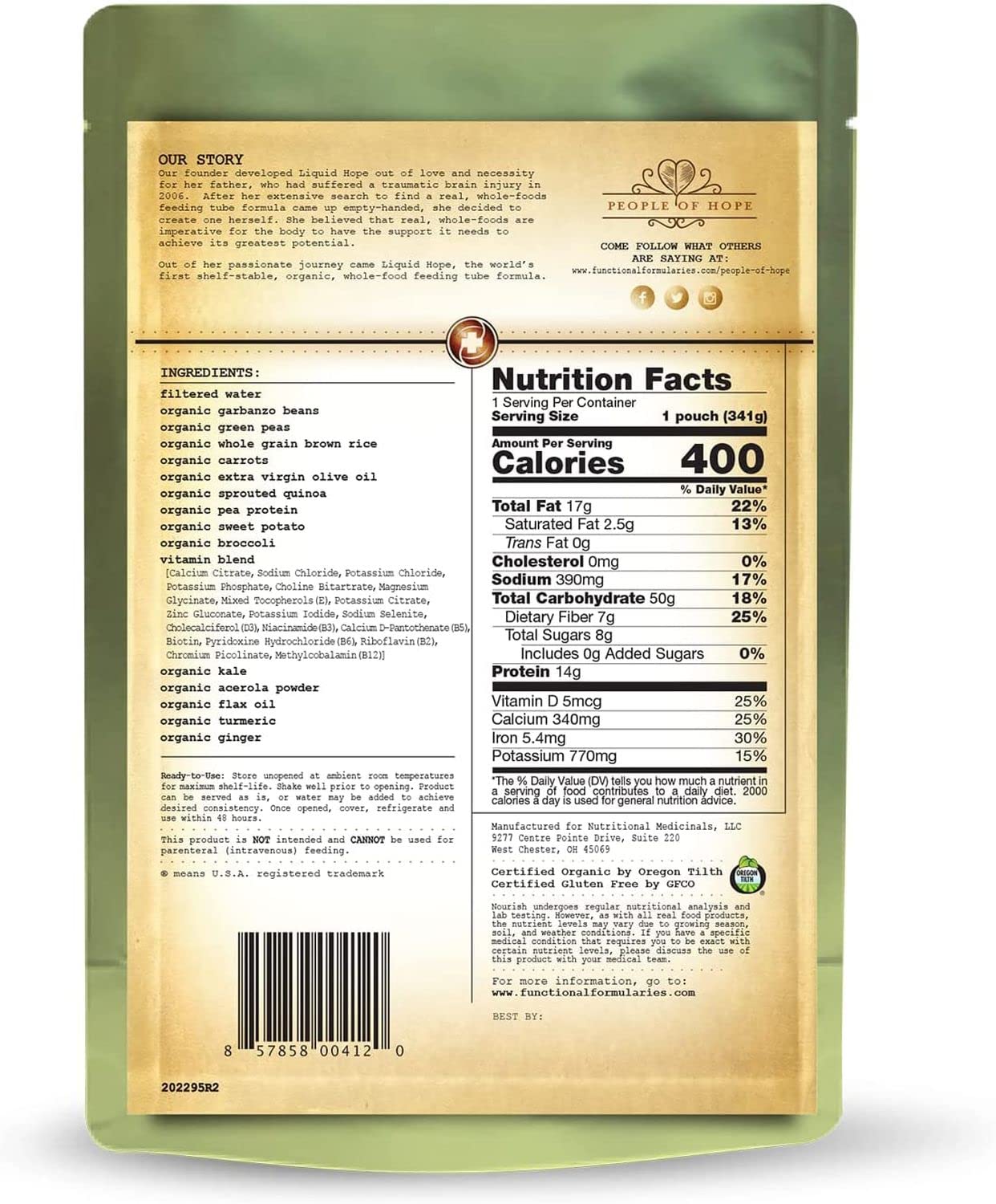Functional Formularies Nourish Organic Tube Feeding Formula And Nutritional Meal Replacement dietary product  12 Oz Pouch  Pack of 24