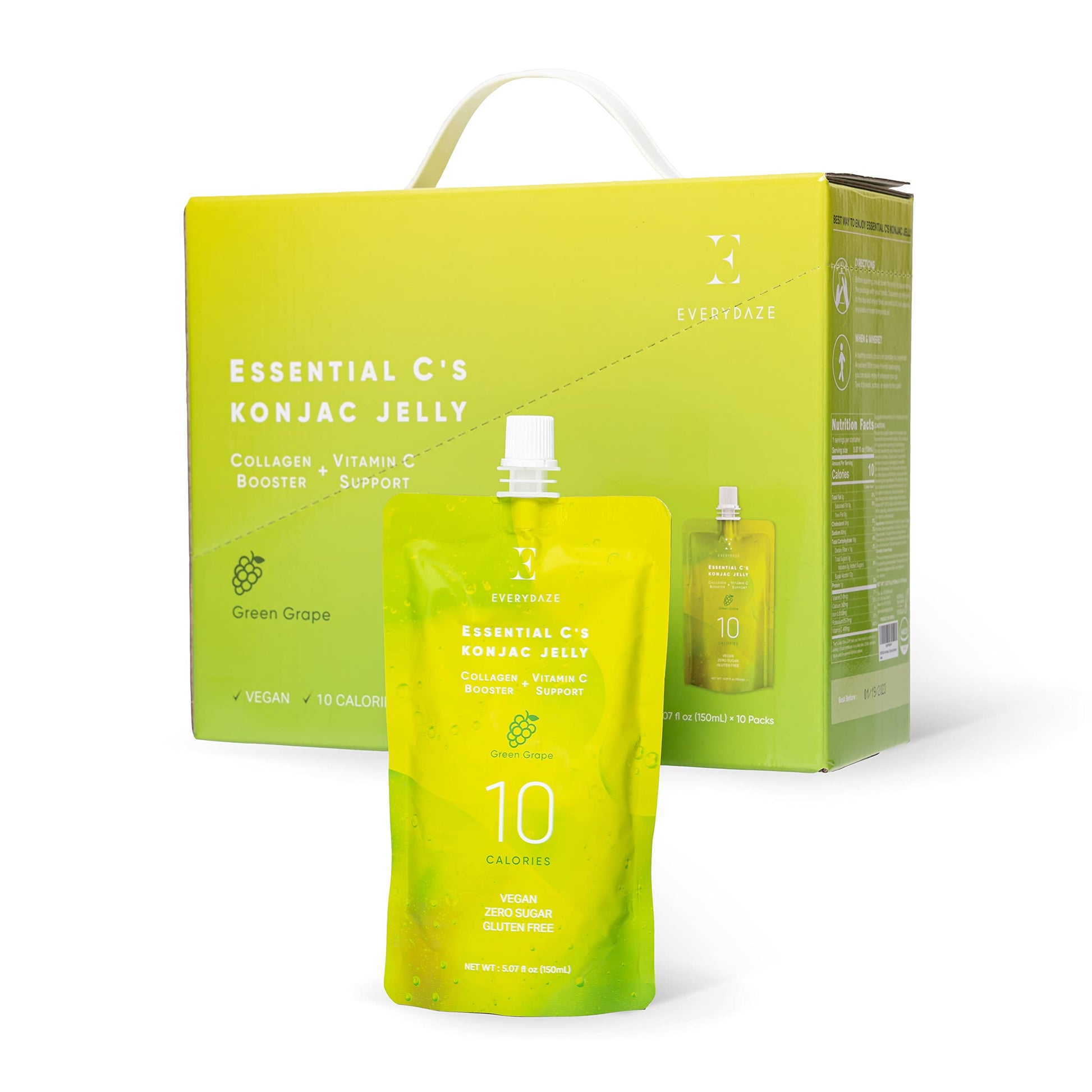 EVERYDAZE Essential Cs Konjac Jelly | Green Grape | Vegan Collagen Peptides and Vitamin C | Gluten Free, Sugar Free, Low Calorie