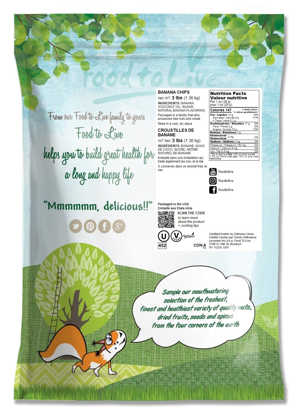 Food to Live Banana Chips – Sweetened, Unsulfured, Vegan Snack, 3 Pound Pack