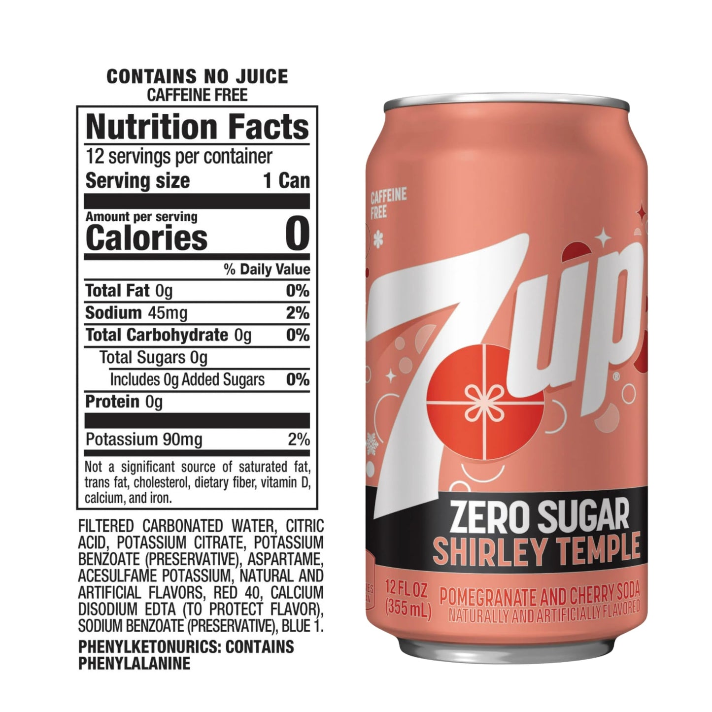 7UP Zero Sugar Shirley Temple Soda, Pomegranate and Cherry Flavor, 12 Pack of 12 Fl Oz Cans