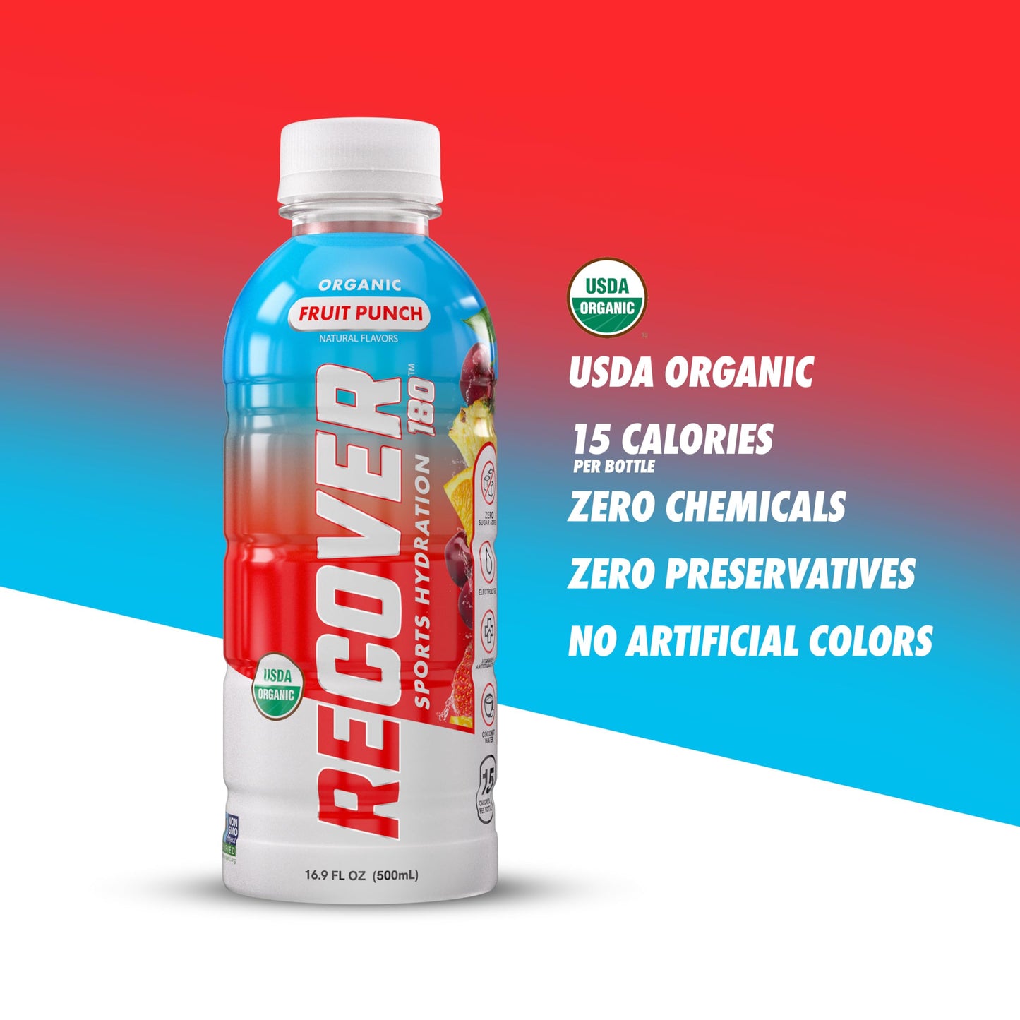 RECOVER 180 Organic Sports Hydration Drink, No Sugar, 15 Cal, Electrolytes, 16.9 Fl Oz, Variety Pack (Pack of 12)