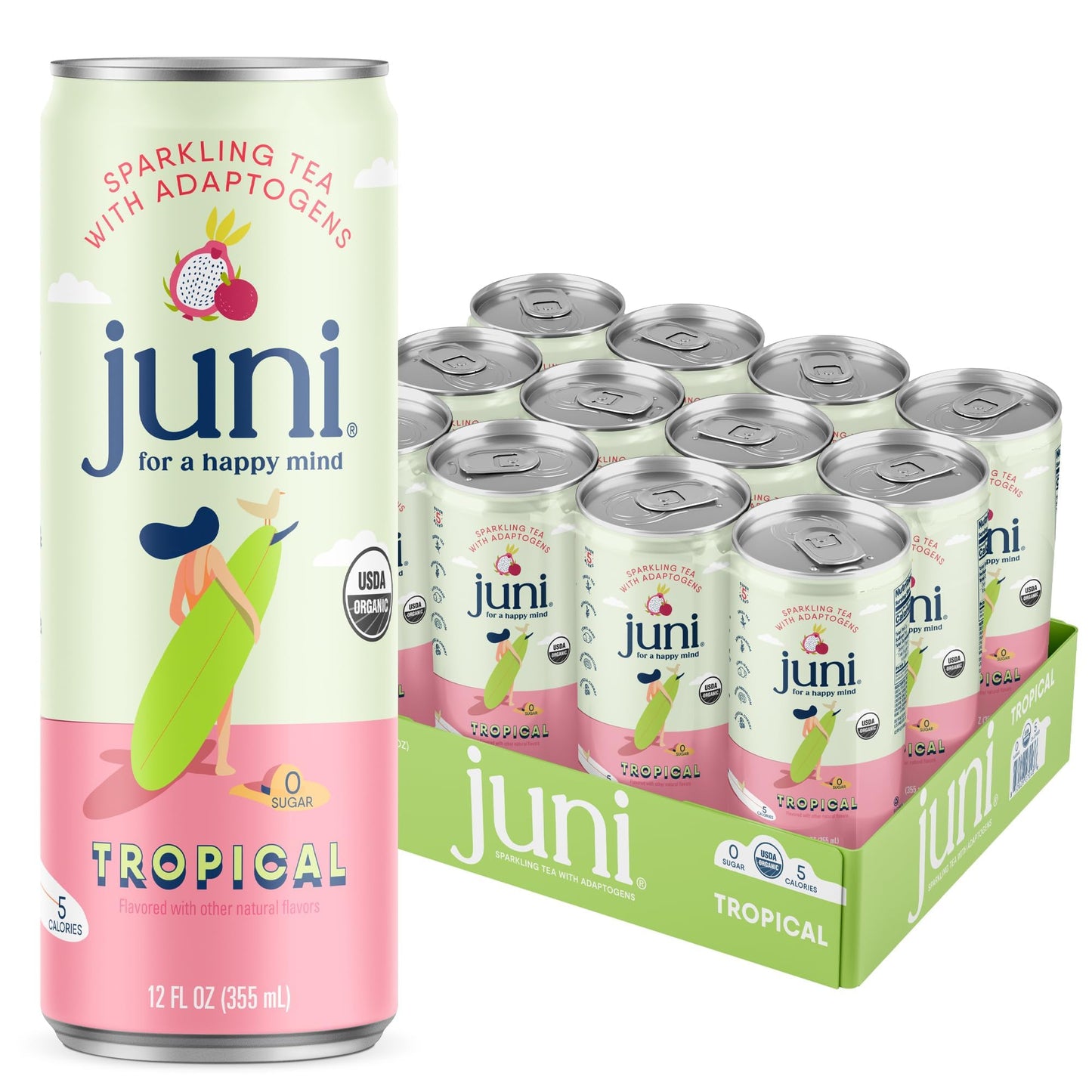 JUNI Sparkling Adaptogen Drink, Tropical, 12 Fl Oz (Pack of 12), Zero Sugar, Organic, Non-Alcoholic