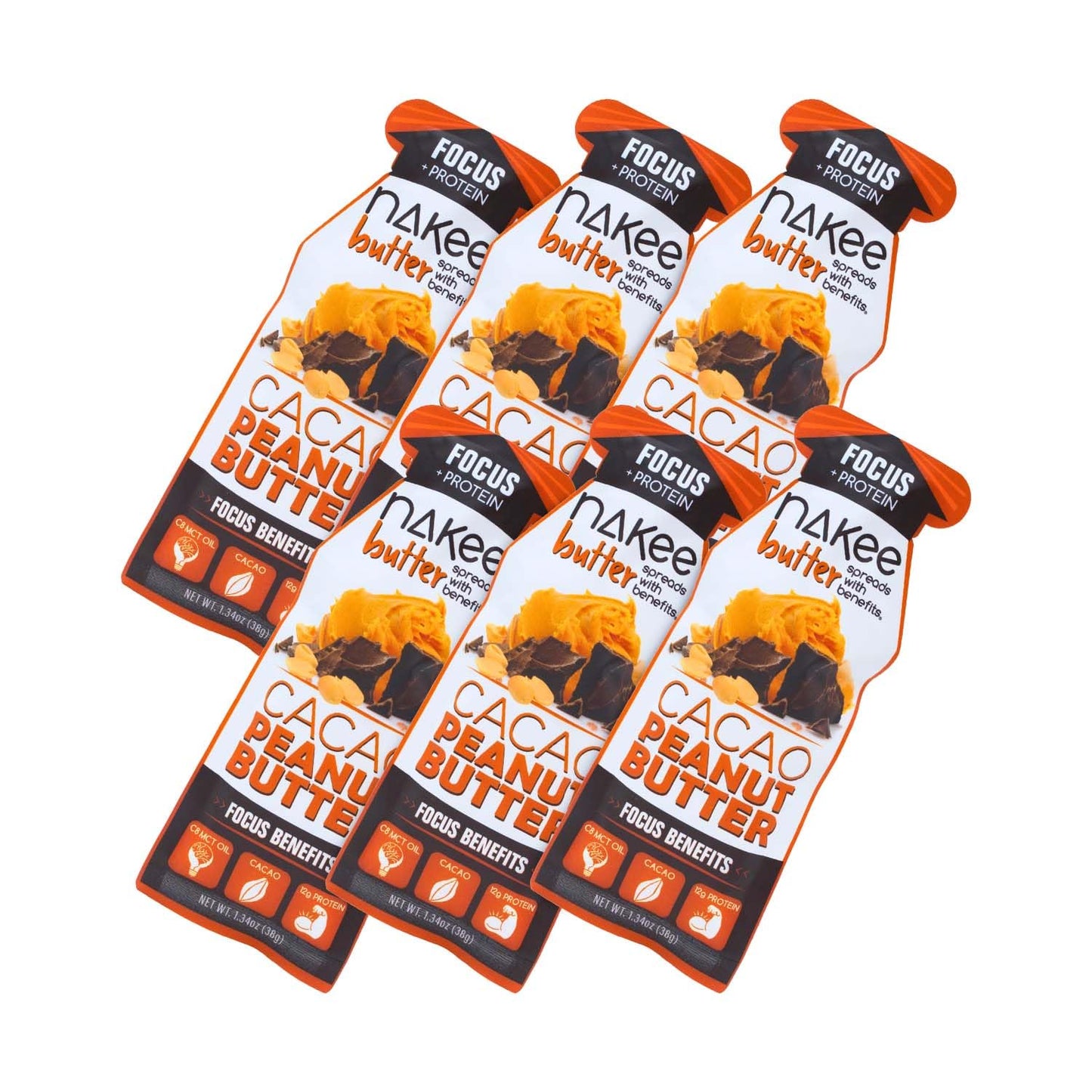 Nakee Butter High-Protein Keto Peanut Butter with Cacao & MCT Oil, 12g Protein, 1.34 oz (Pack of 6)