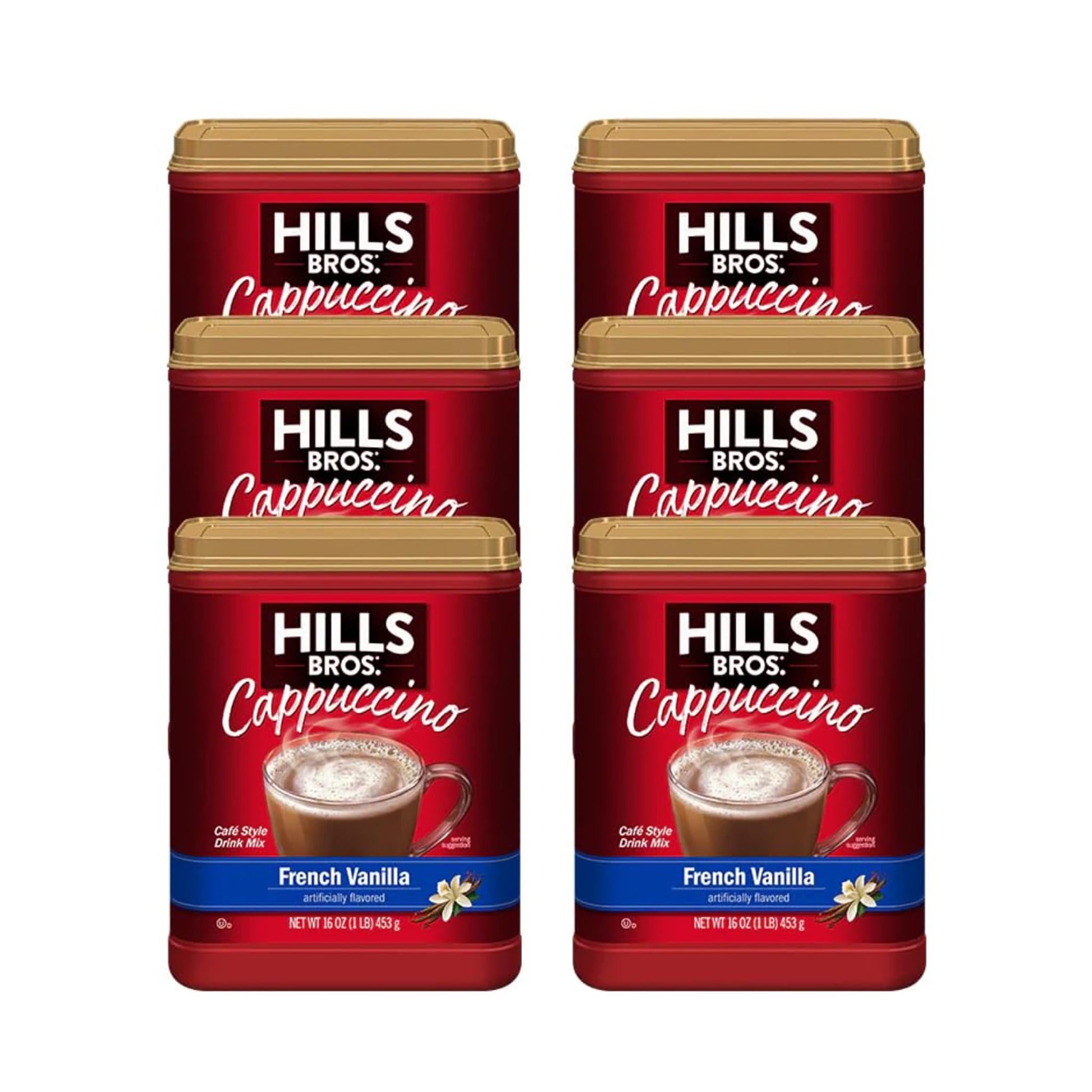Hills Bros. Instant Cappuccino Mix, French Vanilla - Easy To Use, Enjoy Coffeehouse Flavor From Home – Decadent Cappuccino With A Hint Of Sweetness And Vanilla In Light Coffee, 16 Ounce (Pack Of 6)