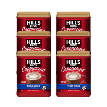 Hills Bros. Instant Cappuccino Mix, French Vanilla - Easy To Use, Enjoy Coffeehouse Flavor From Home – Decadent Cappuccino With A Hint Of Sweetness And Vanilla In Light Coffee, 16 Ounce (Pack Of 6)