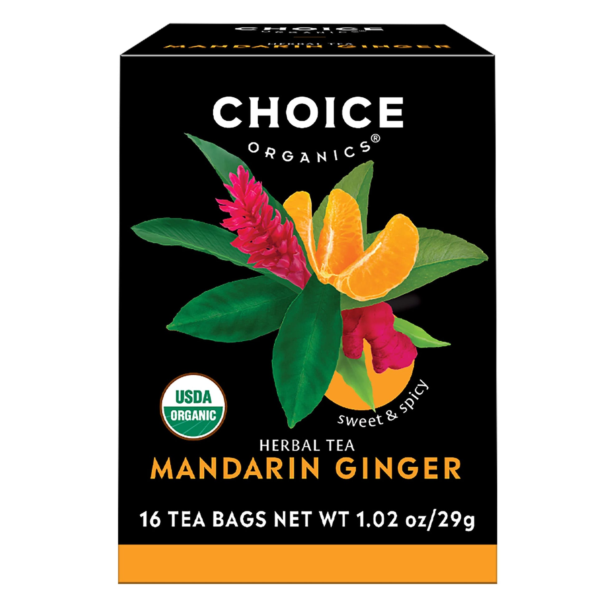 Choice Organic Teas Organic Mandarin Ginger Tea - 16 Herbal Tea Bags (1 Pack) - Non-GMO, Caffeine-Free