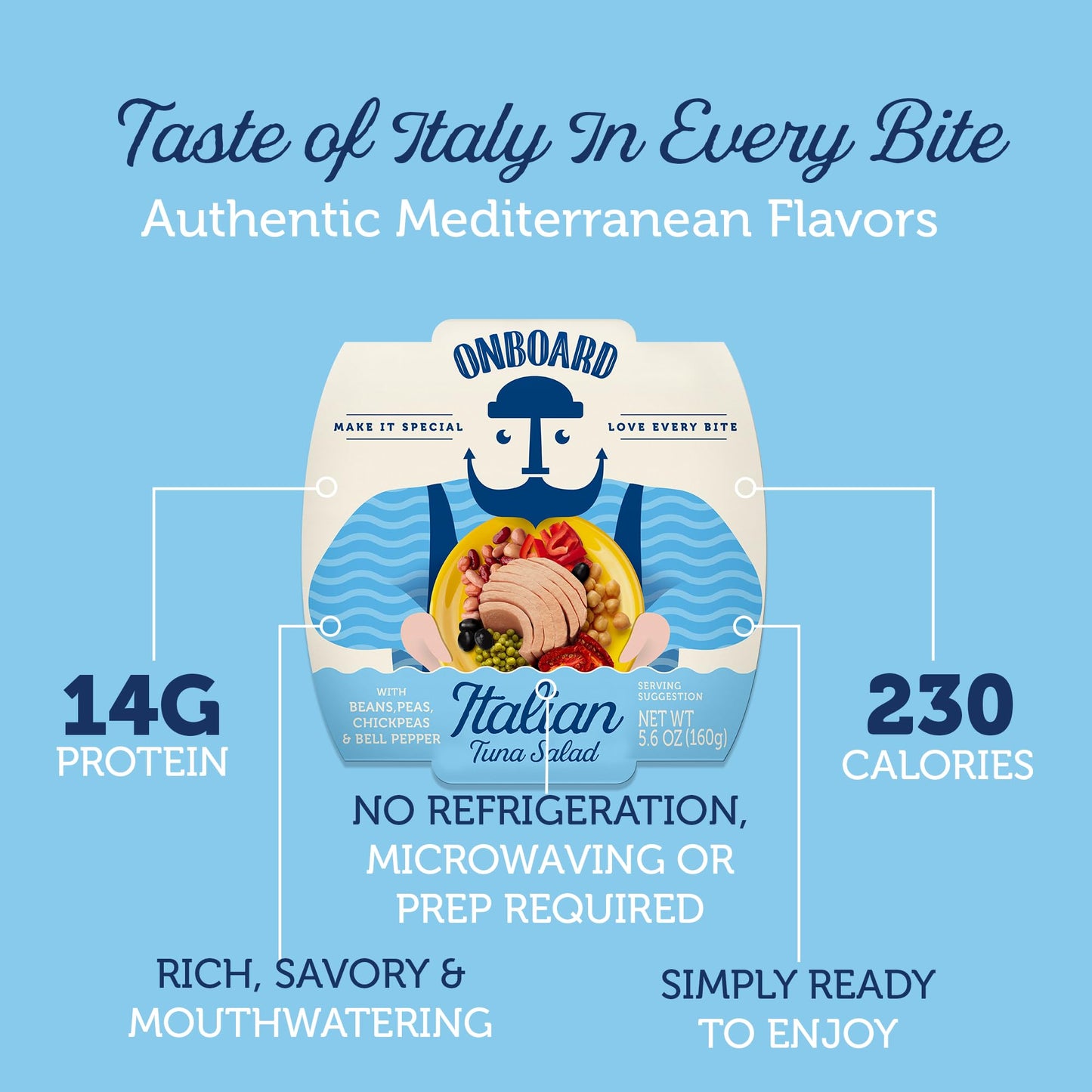 Onboard Ready To Eat Italian Tuna Salad - Tuna Snacks With Beans, Chickpeas, Peas & Peppers - High-Protein Mediterranean Salad (5.64 Oz, Pack Of 6)