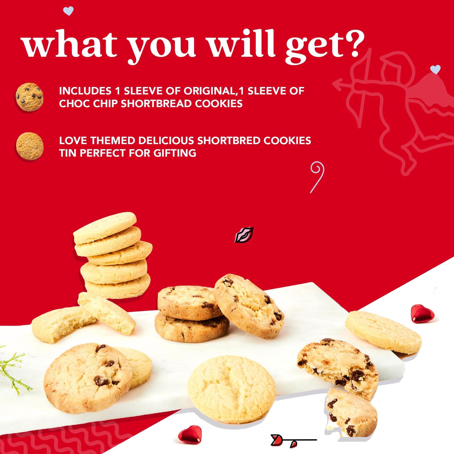 Davids Cookies Shortbread Cookies in Love Sweet Sampler Tin - Original and Chocolate Chip Shortbread Cookies in a Love-Themed Gift Tin - Gourmet Food Gift Basket for Her Him