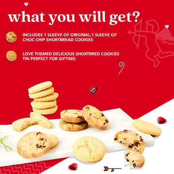 Davids Cookies Shortbread Cookies in Love Sweet Sampler Tin - Original and Chocolate Chip Shortbread Cookies in a Love-Themed Gift Tin - Gourmet Food Gift Basket for Her Him