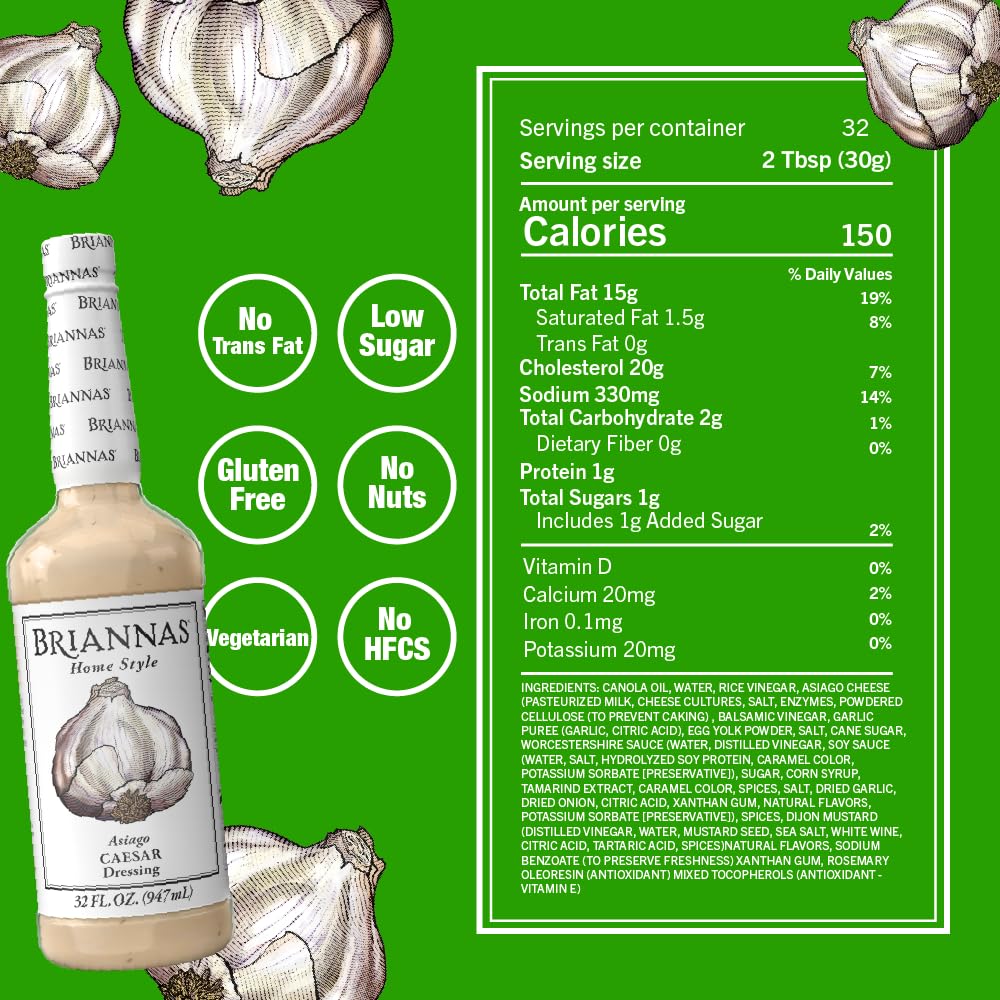 BRIANNAS Asiago Caesar Dressing, Gluten Free & Low Sugar, 32 oz. Bottles, 2 Pack - Premium Ingredients for Fine Salads
