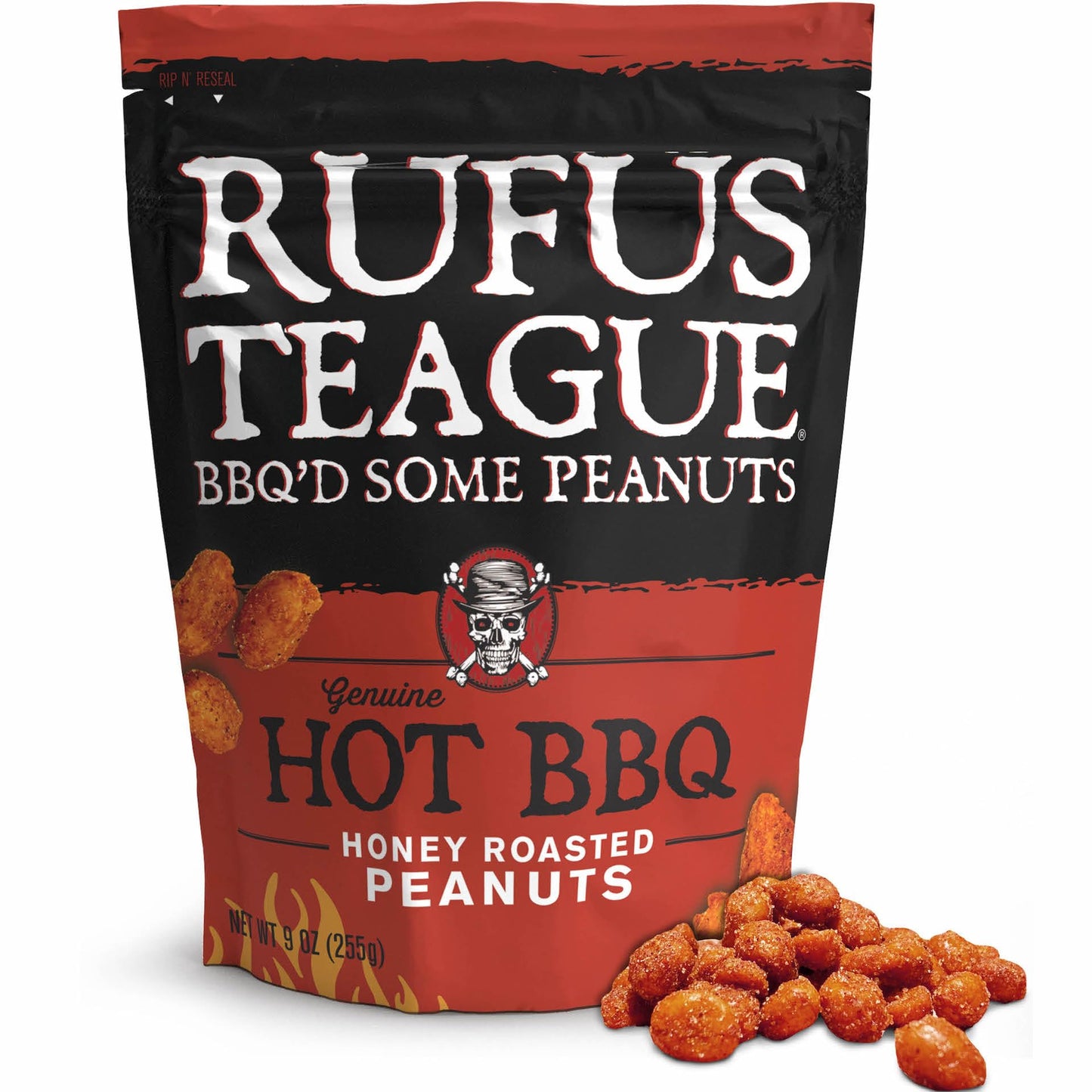 Rufus Teague Blazin’ Hot BBQ Peanuts - Sweet, Spicy & Smoky Snack, 9 oz Resealable Pouch