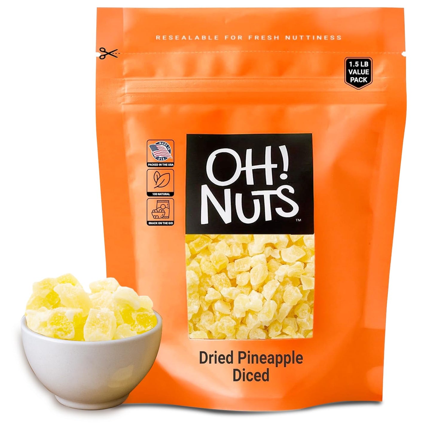 Oh! Nuts Dried Pineapple - 1.5 LB - Dried Fruit Diced - Less Sugar Added - Dehydrated Fruit Bites - Packed in New York Zip-Seal 