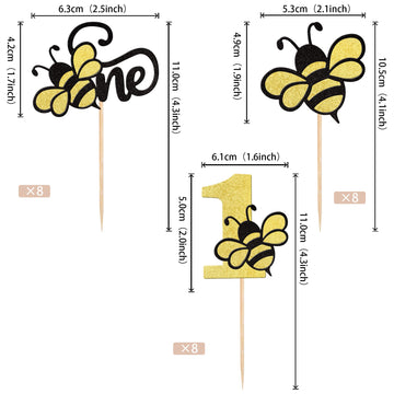 24 Pcs Bumble Bee One Cupcake Toppers Black And Gold Glitter Number 1 Bee Cupcake Picks First Birthday Cake Decorations For Baby