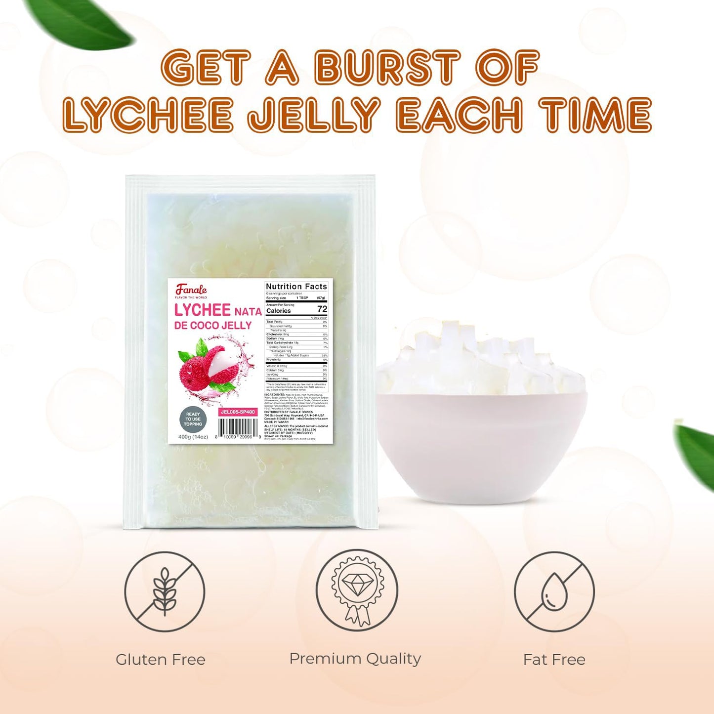 Fanale Coconut Jelly Topping nata de coco for Bubble Tea 400 g | Lychee Jelly | for Boba Tea  Smoothies  Slushes  Desserts 400g
