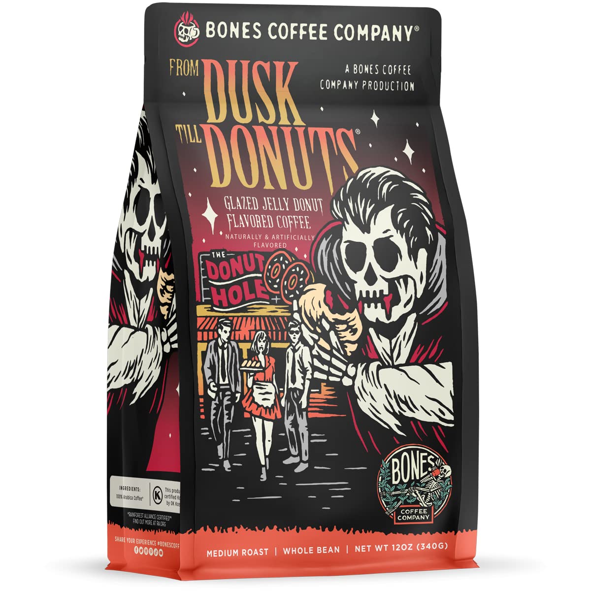 Bones Coffee Company From Dusk Till Donuts Whole Coffee Beans Jelly Donuts Flavor, Low Acid Flavored Coffee, Made With Arabica C