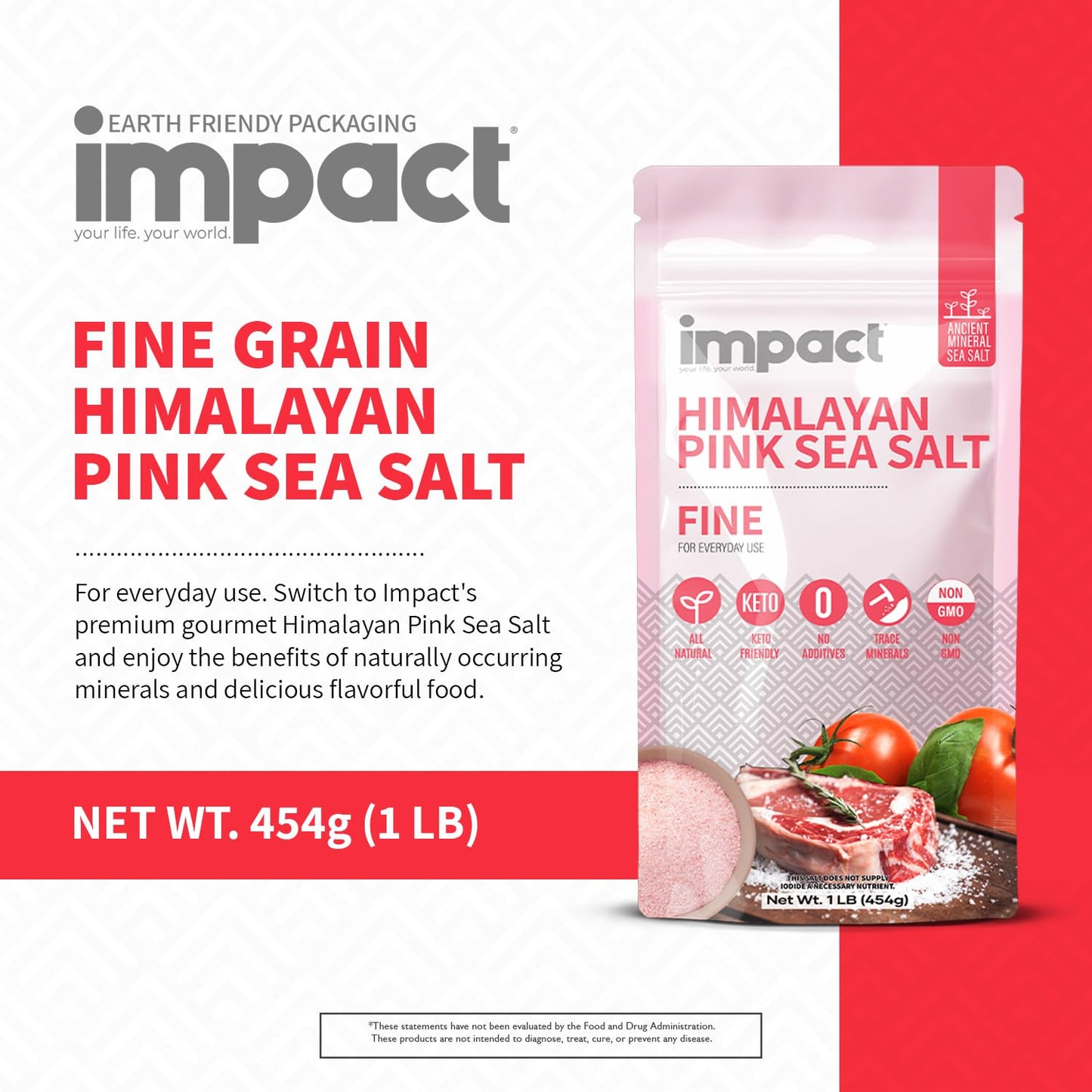 Impact Himalayan Pink Sea Salt, Non-GMO, Gluten-Free, 1lb Pouch, Rich in Trace Minerals
