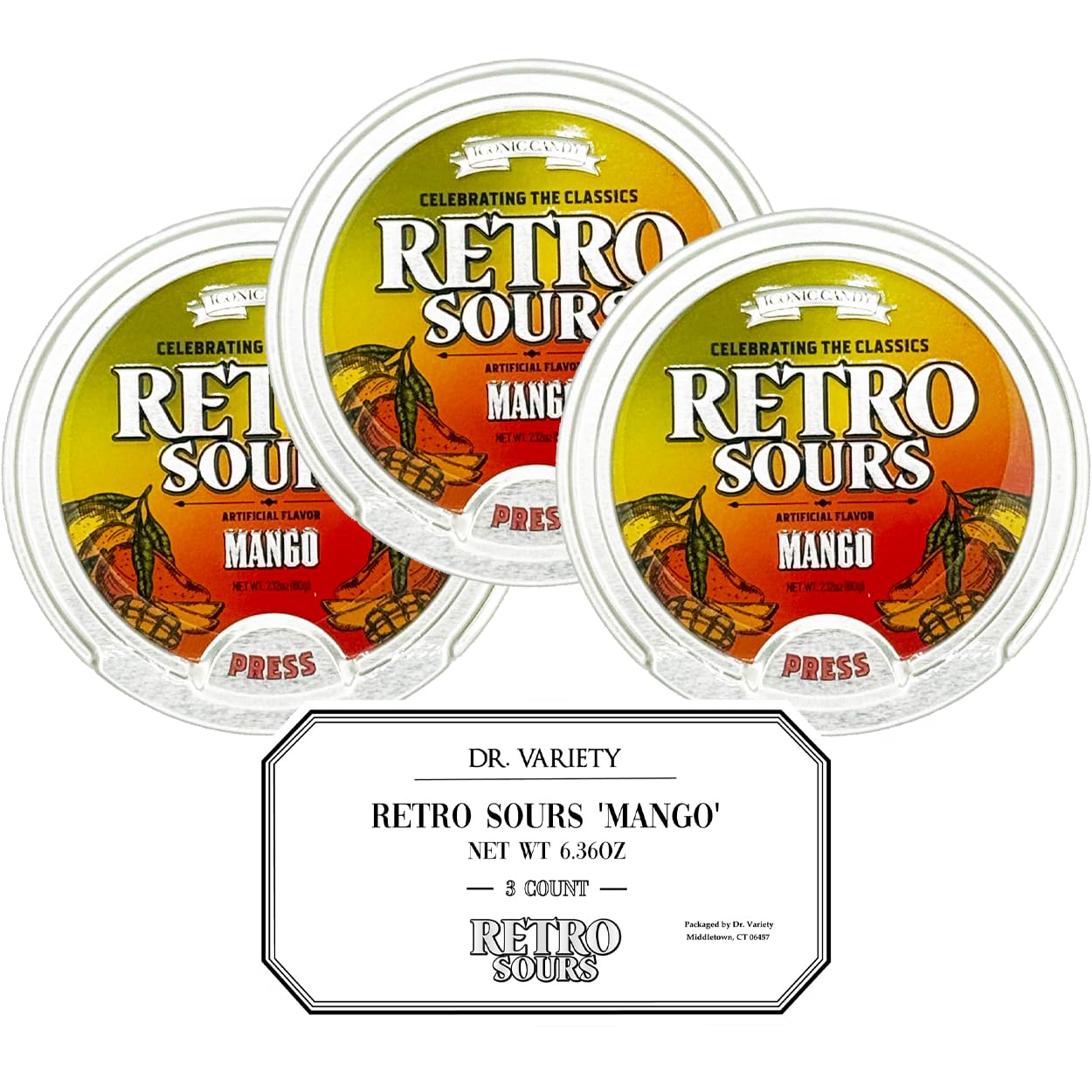 Retro Sours Mango Candy (3 Pack) - Nostalgic Sour Hard Candy Tins With Bold Mango Flavor - Classic Sour Drops For Candy Lovers  Parties  Stocking Stuffers & Bulk Treats - By Dr. Variety