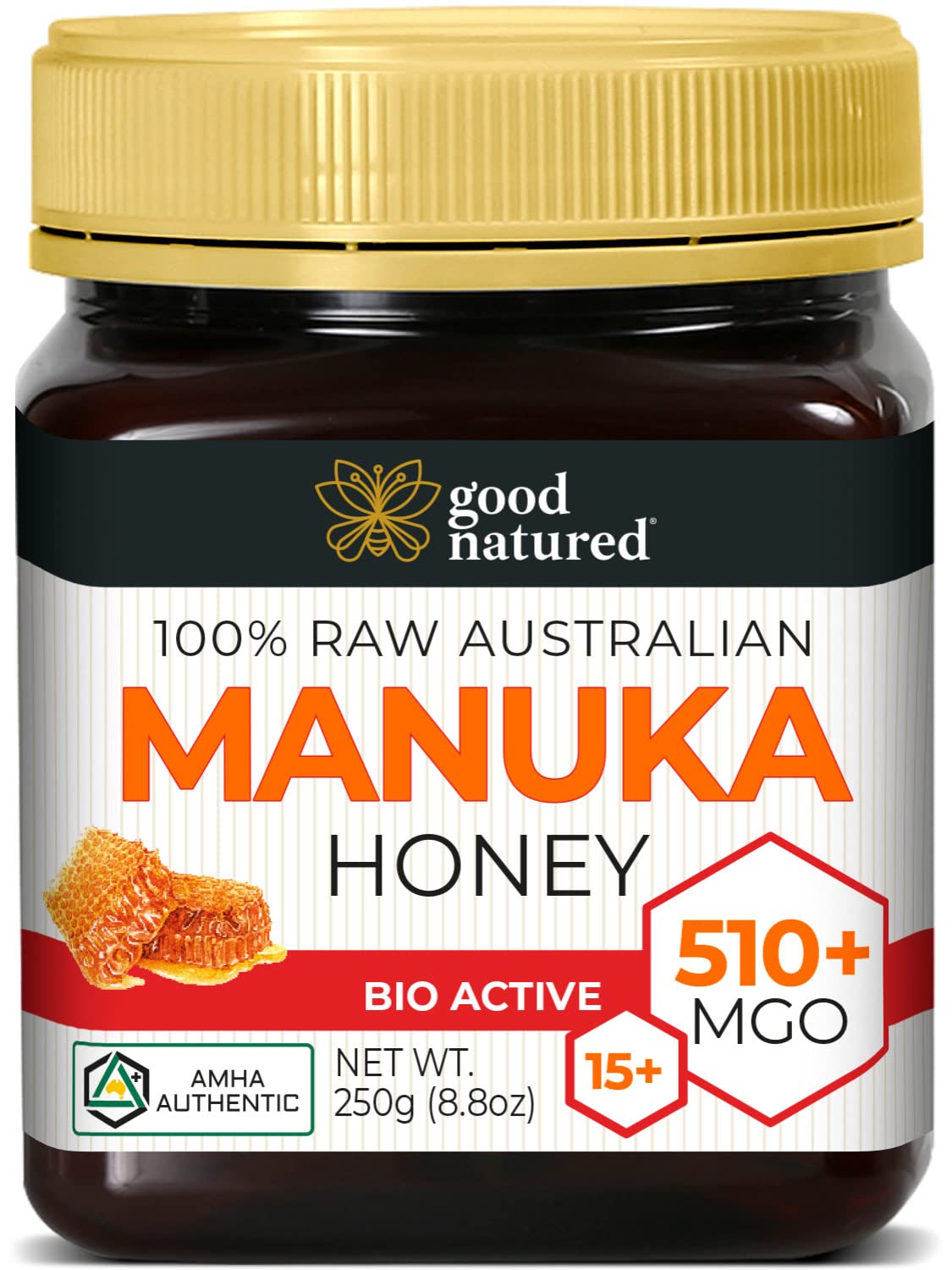 Good Natured Raw Manuka Honey 510+ MGO, 250g (8.8oz), Active & Certified
