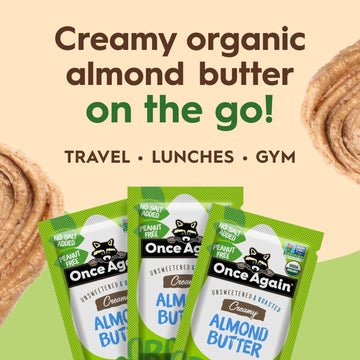 Once Again Organic Creamy Almond Butter, Roasted, Salt Free, Unsweetened, 1.15oz Squeeze Packs, 10 Count, Gluten Free, Vegan, Kosher