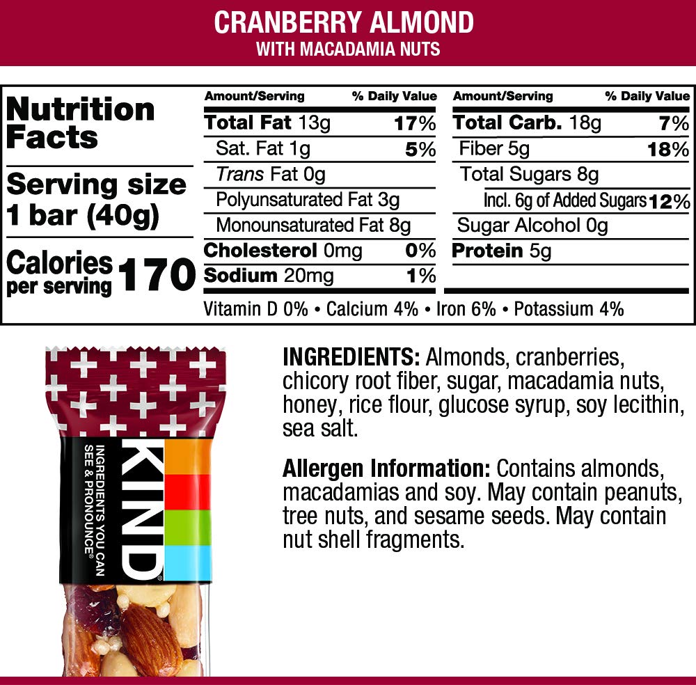 KIND Nut Bars, Cranberry Almond, 1.4 Ounce, 60 Count, Gluten Free, Low Glycemic Index, 5g Protein