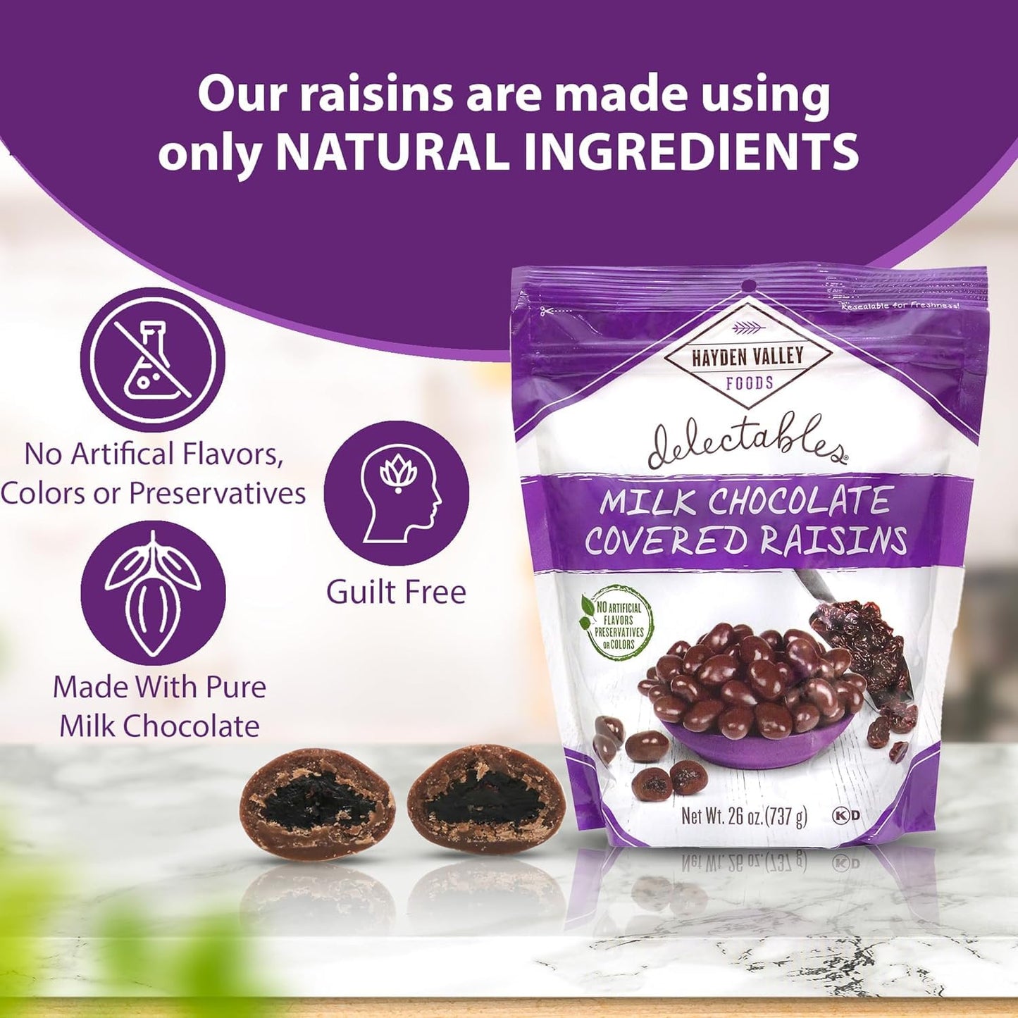 Hayden Valley Foods Milk Chocolate Covered Raisins - No Artificial Flavors - 26 oz (Pack of 3) - Bulk 4.8 Pounds Total