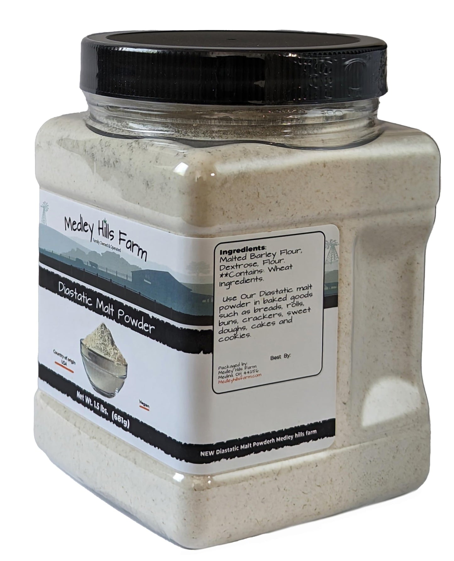 Diastatic Malt Powder by Medley hills farm 1.5 Lbs. in Reusable Container - Great Diastatic malt powder for baking Bread, Pizza