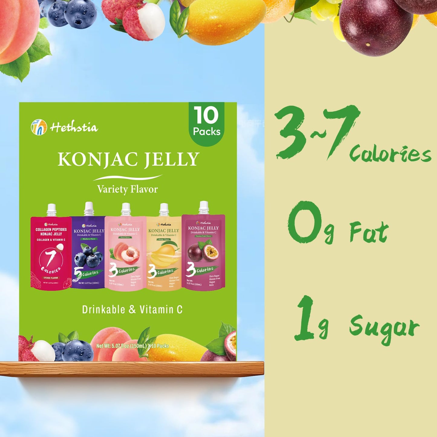 Hethstia Konjac Jelly Pouch Drinkable Variety Pack - Low Calorie, Gluten-Free, Vegan, Keto, Vitamin C, 10 Pack - Lychee, Blueber