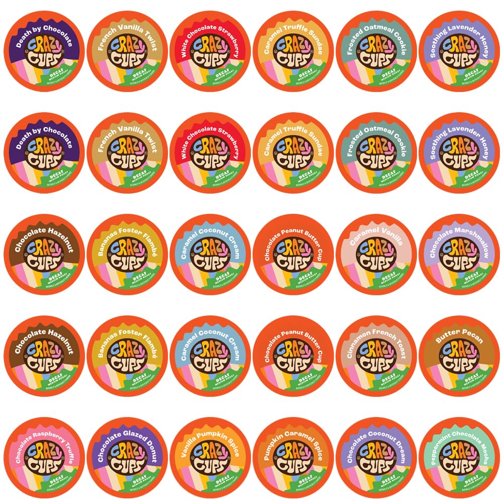 Custom Variety Pack Crazy Cups Decaf Flavored Coffee for Keurig, 30 Count, Single Serve, Model SYNCHKG071394