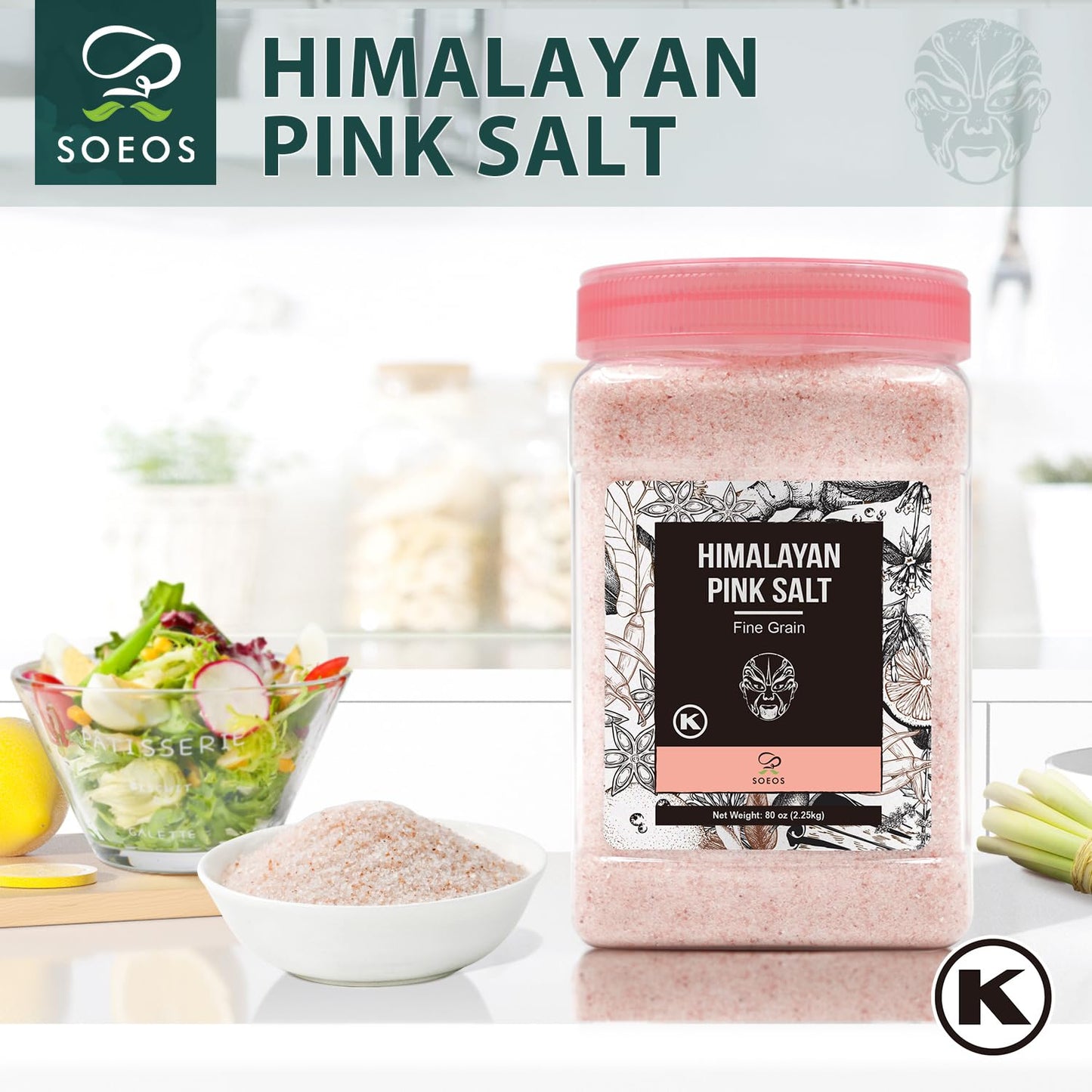 Soeos Himalayan Pink Salt, Fine Grain, 80oz (5 Pound), Non-GMO Himalayan Salt, Kosher Salt, Pink Himalayan Sea Salt Fine