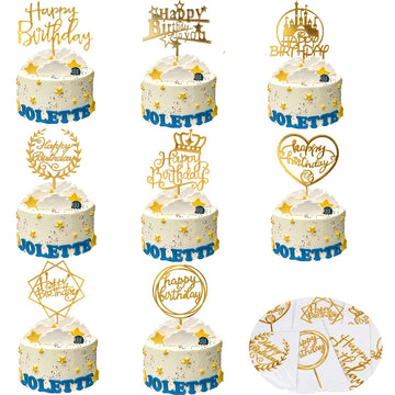 Diyasy 8 Pcs Gold Happy Birthday Cake Toppers,Acrylic Cake Toppers Set Double-Sided Glitter Cake Decoration For Children And Adu