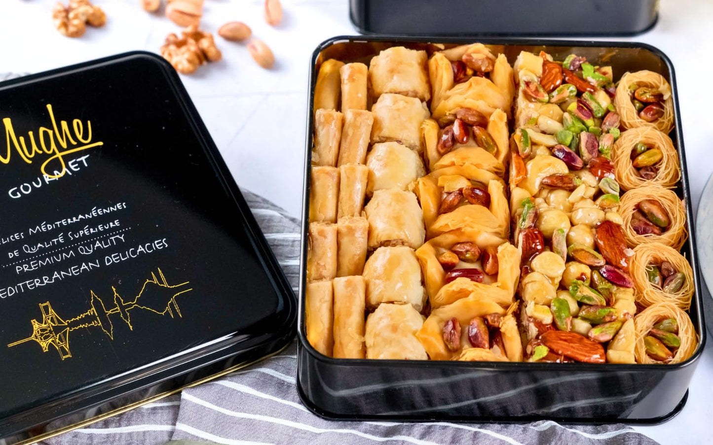 Mughe Gourmet Luxury Baklava Pastry Metal Gift Box - 1.65lb/750g - Rich Pistachios, Walnuts, Cashews Double Layered Halal Baklaw