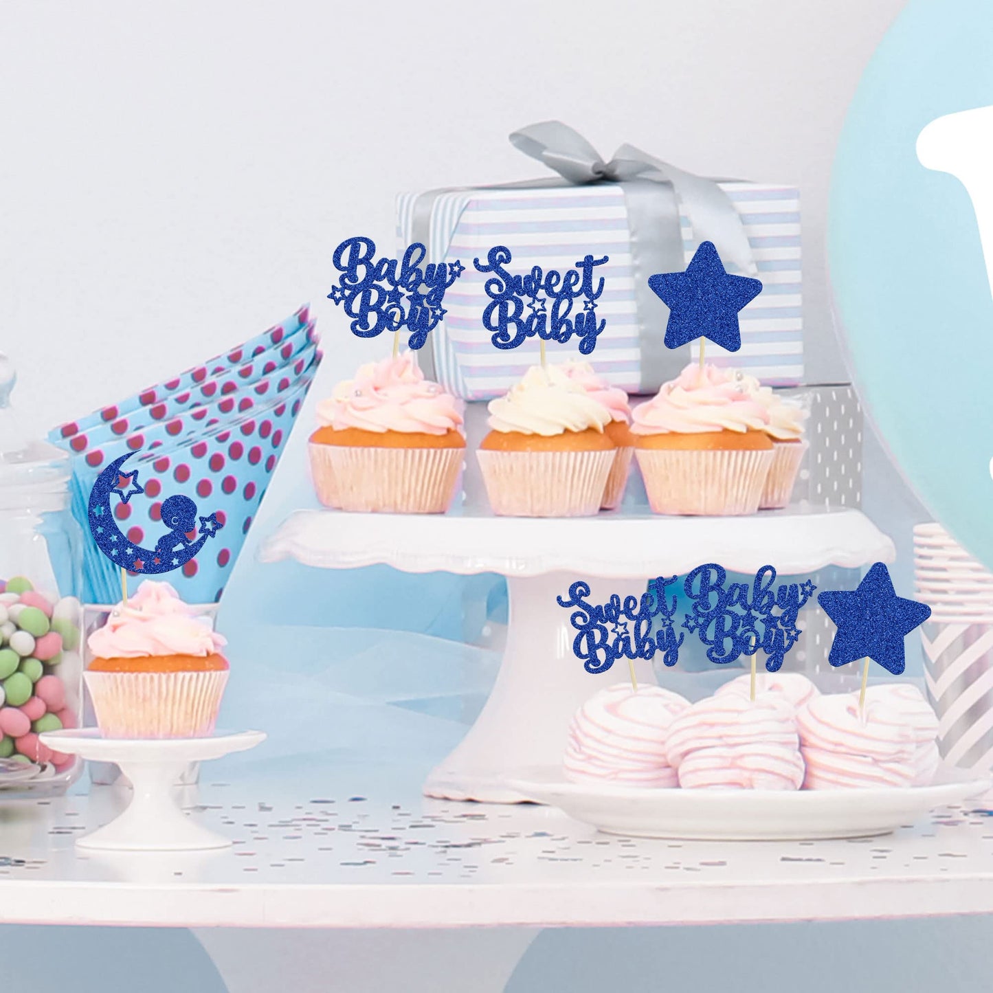 Gyufise 24Pcs Baby Shower Boy Cupcake Toppers Glitter Star Moon Sweet Baby Boy Cupcake Picks Baby Shower Boys Birthday Party Cak