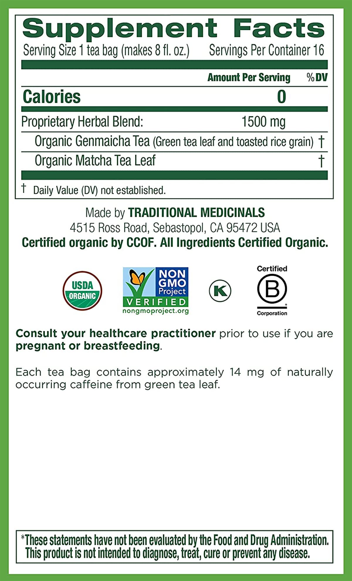 Traditional Medicinals Organic Green Tea With Toasted Rice, Matcha (Pack Of 2) 32 Tea Bags Total