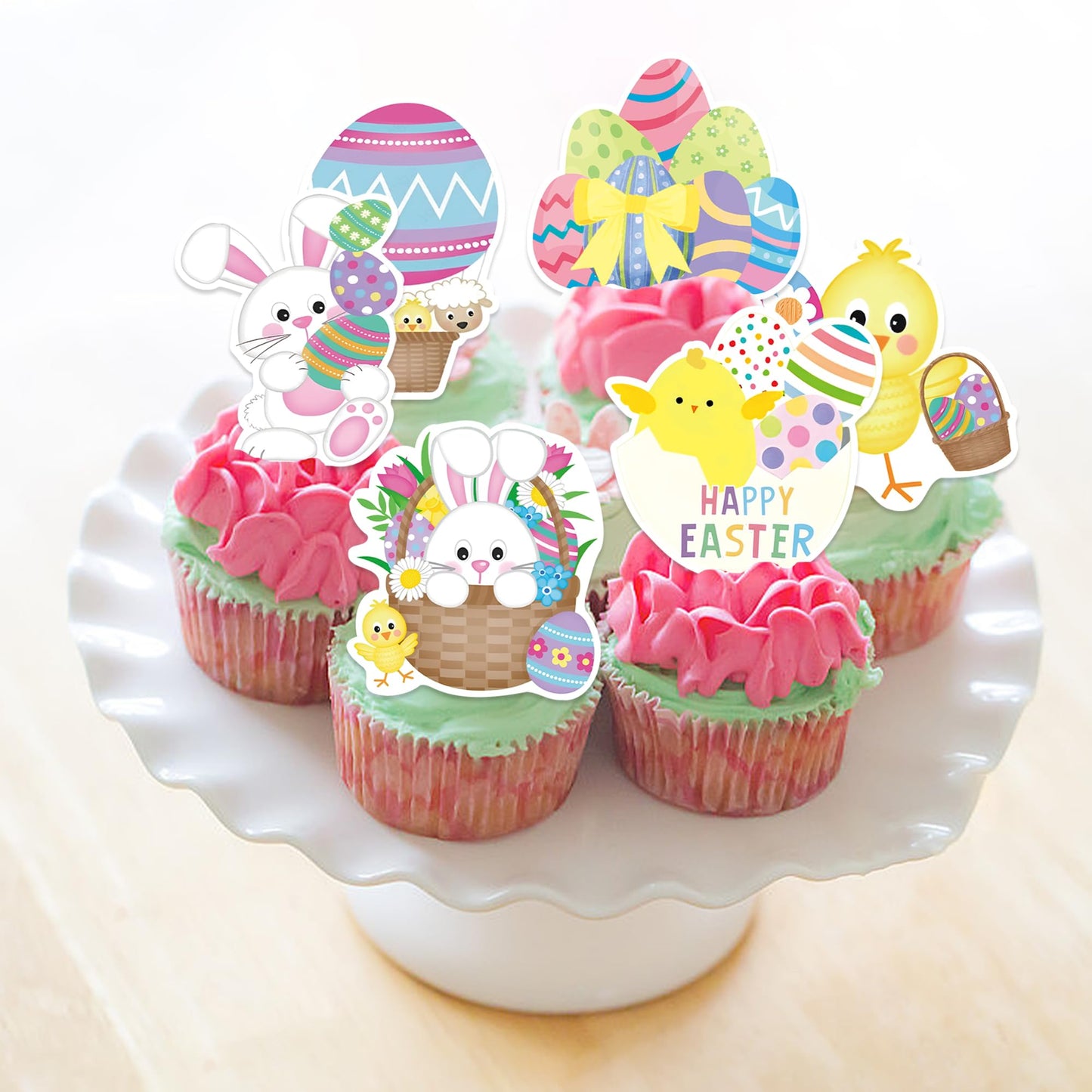 Foowztao 42Pcs Happy Easter Cupcake Toppers Wafer Paper Cake Picks Easter Theme Birthday Party Spring Theme Baby Shower Party Su