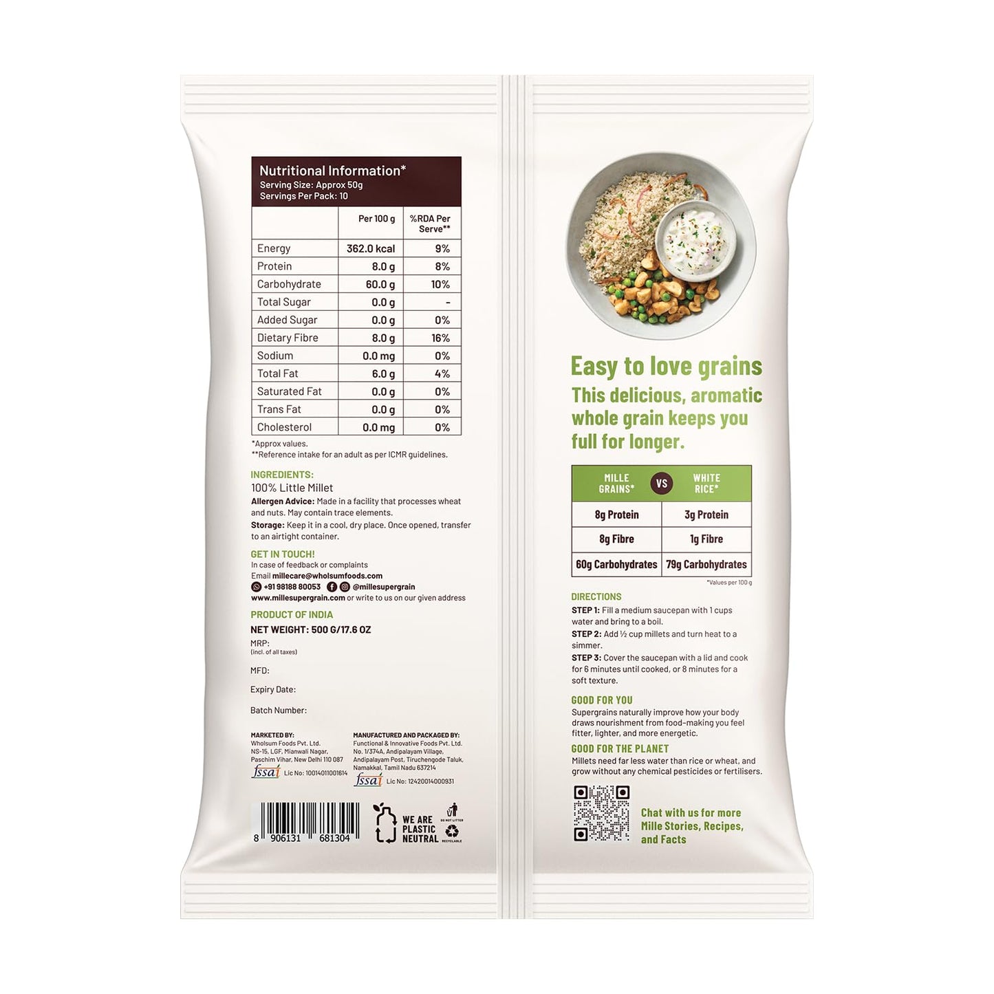 Mille Little Millet Whole Grain | Kutki | Gluten Free | No Chemicals | High Plant Protein And Fibre | Sambar, Rajma, Dal Rice Re