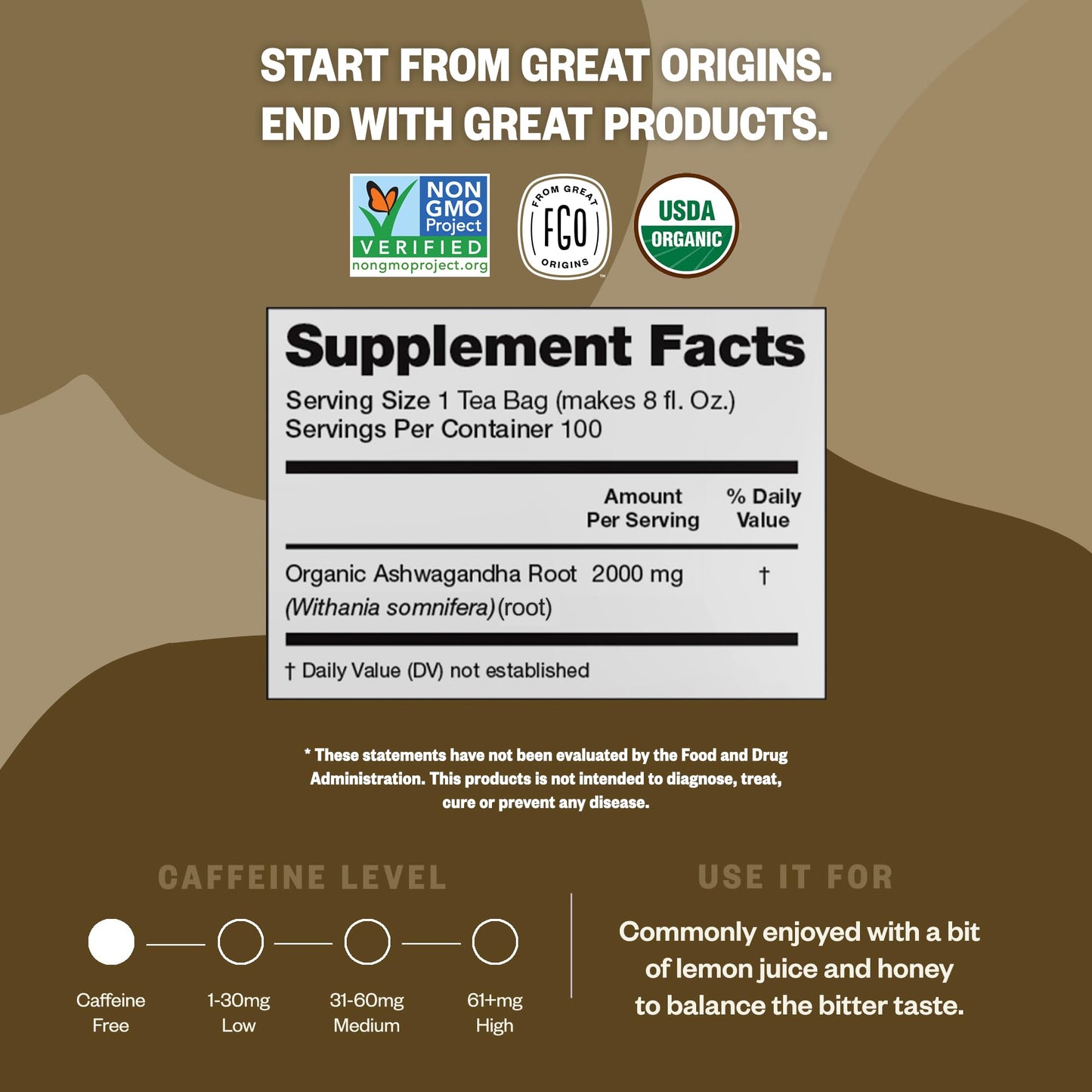 FGO Organic Ashwagandha Tea Bags, Eco-Conscious, 100 Count, Pack of 1