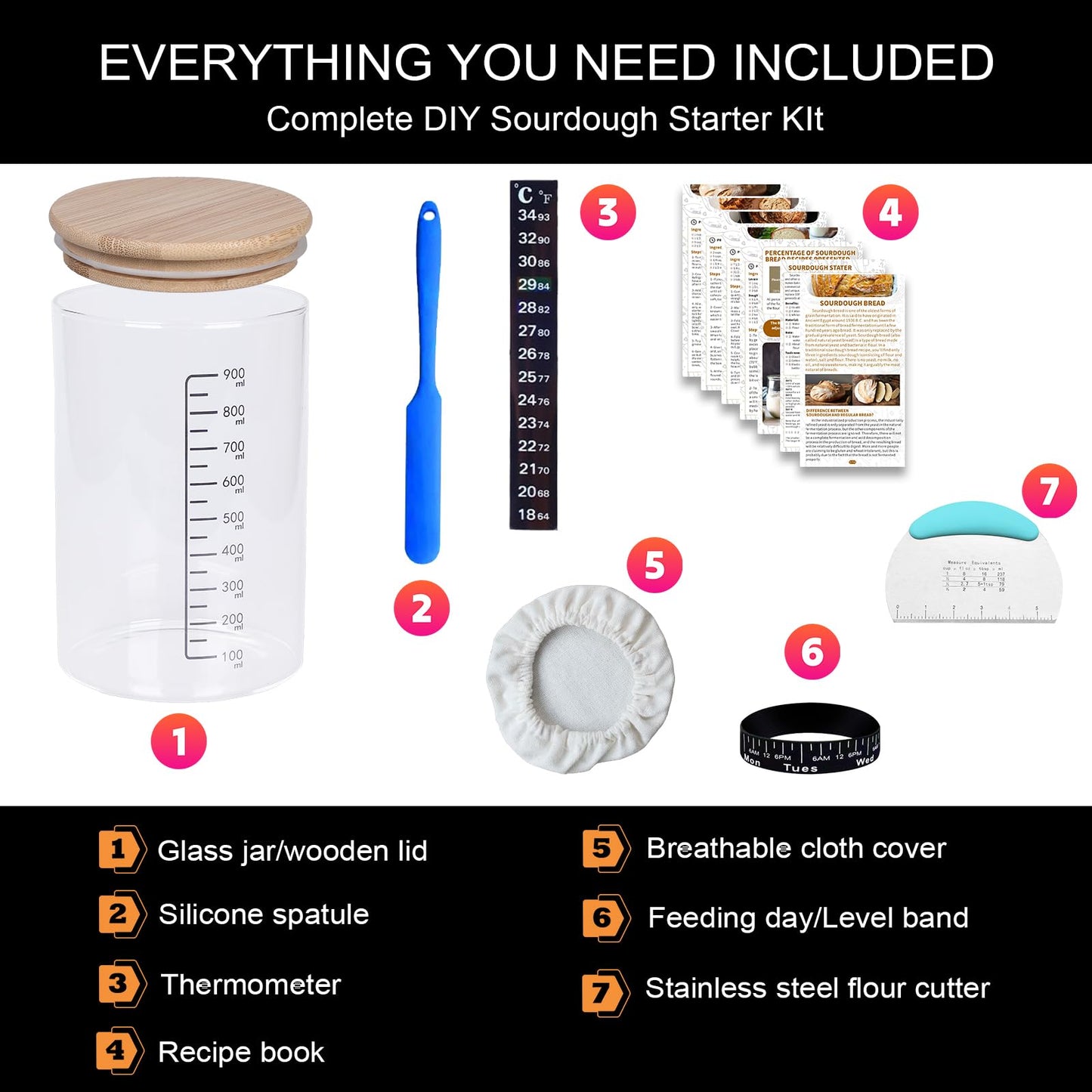 SAGOOITS Sourdough Starter Kit, 34oz Glass Jar, Reusable Set with 7 Tools, Blue, Upgraded-01 Model