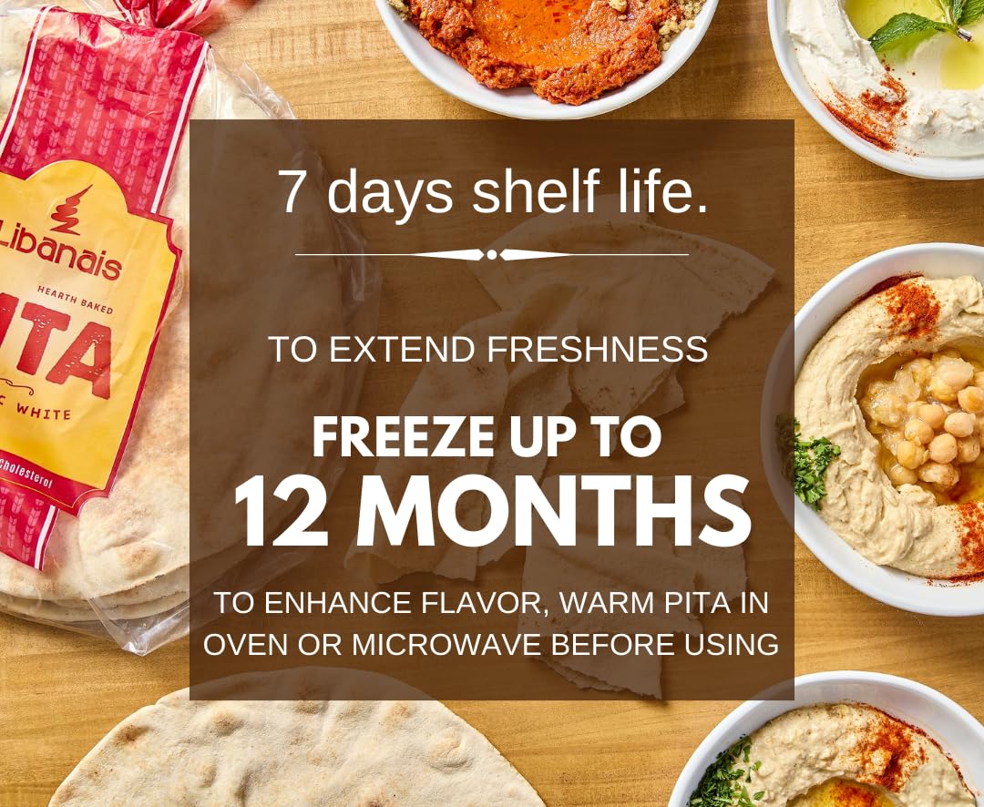 Libanais Whole Wheat Pita Bread, Vegan, Kosher, Halal, 10 inches, 3 Pack (18 Pitas) - Freshly Baked Daily